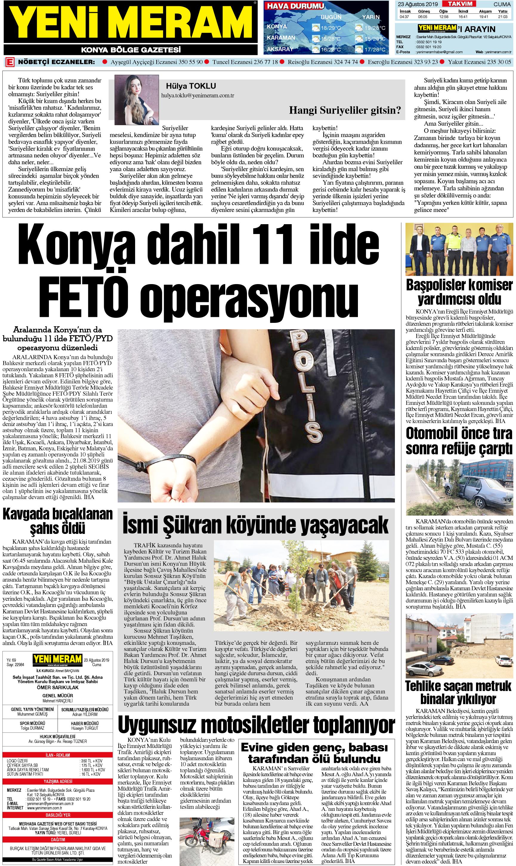 23 Ağustos 2019 Yeni Meram Gazetesi