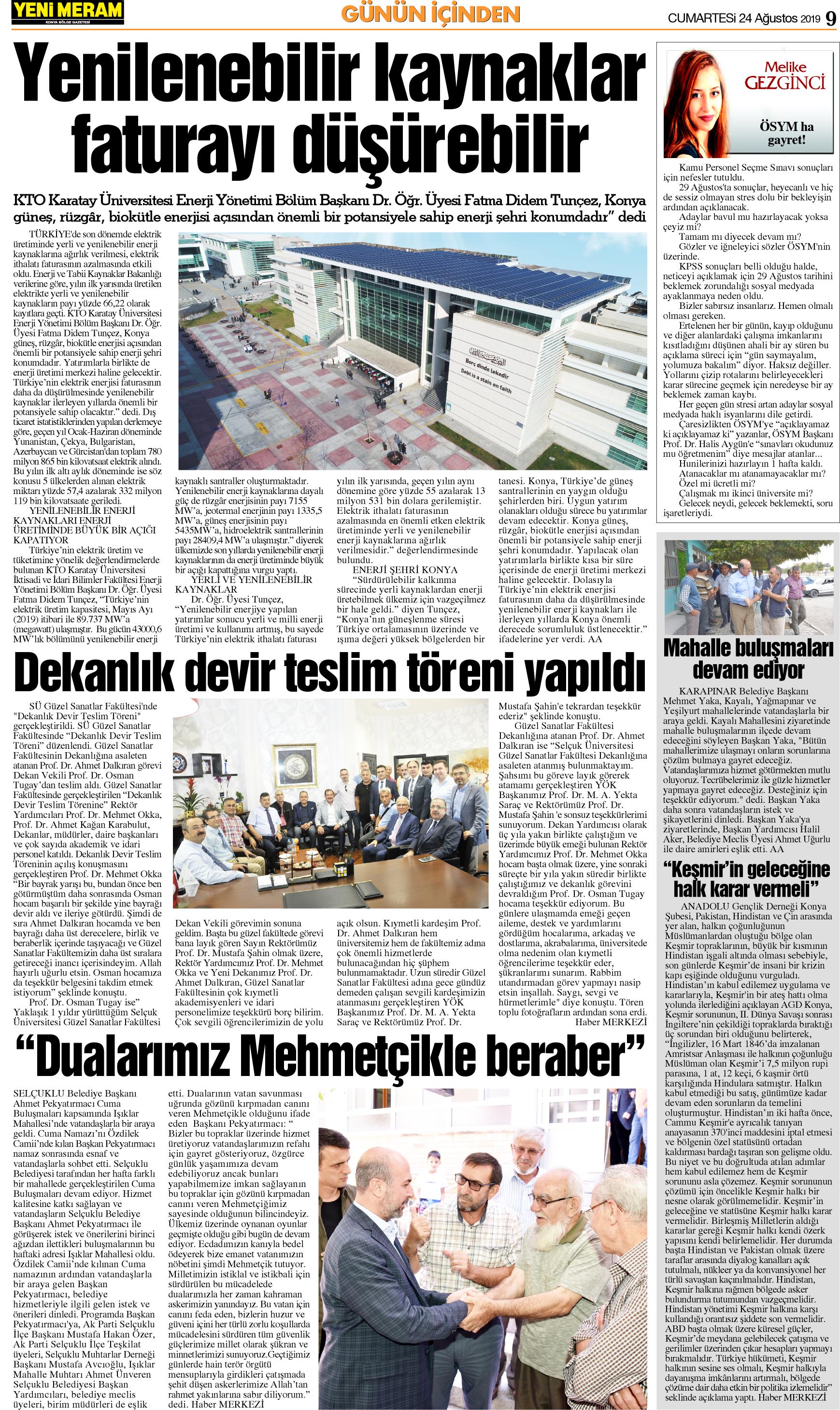 24 Ağustos 2019 Yeni Meram Gazetesi