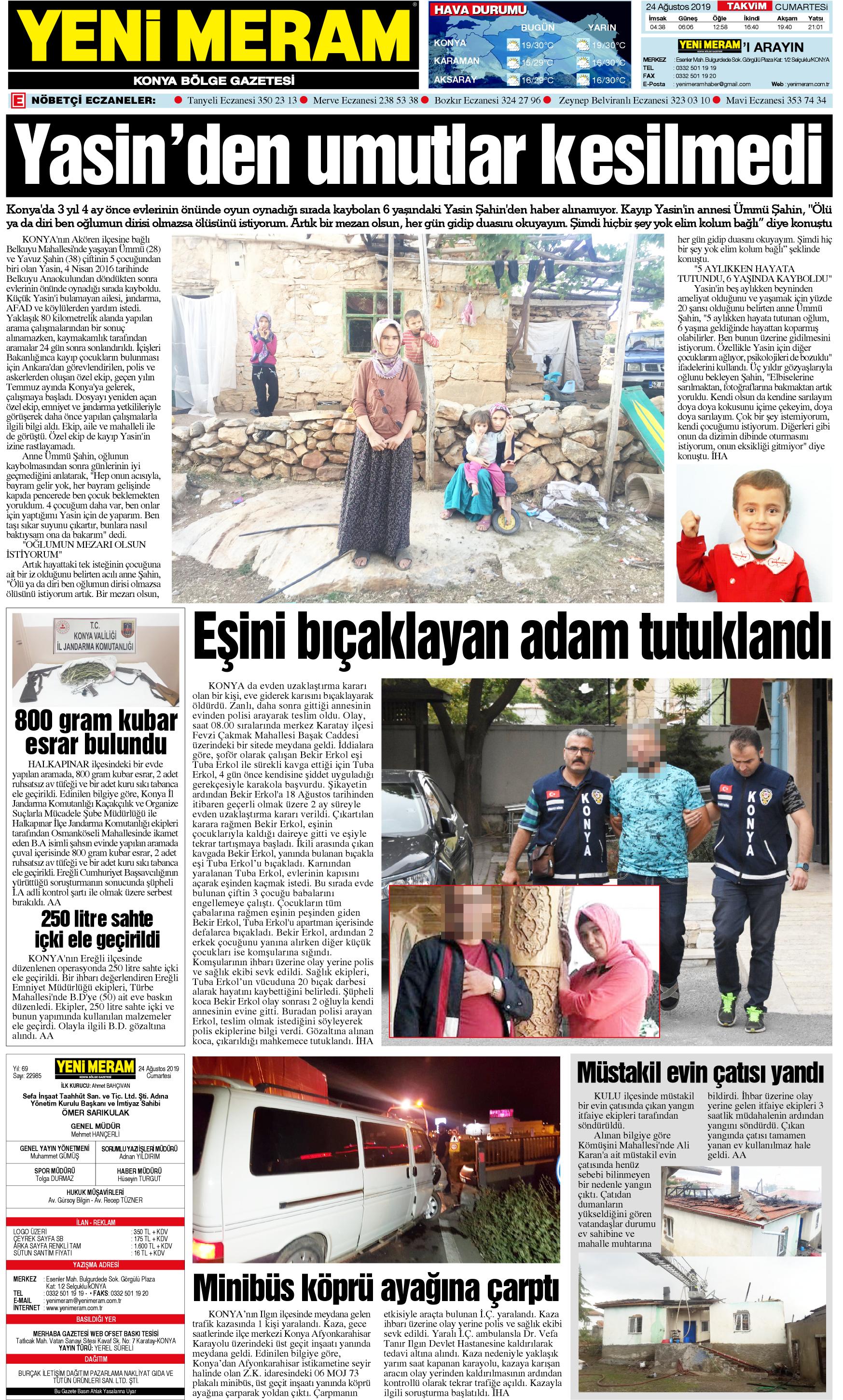 24 Ağustos 2019 Yeni Meram Gazetesi