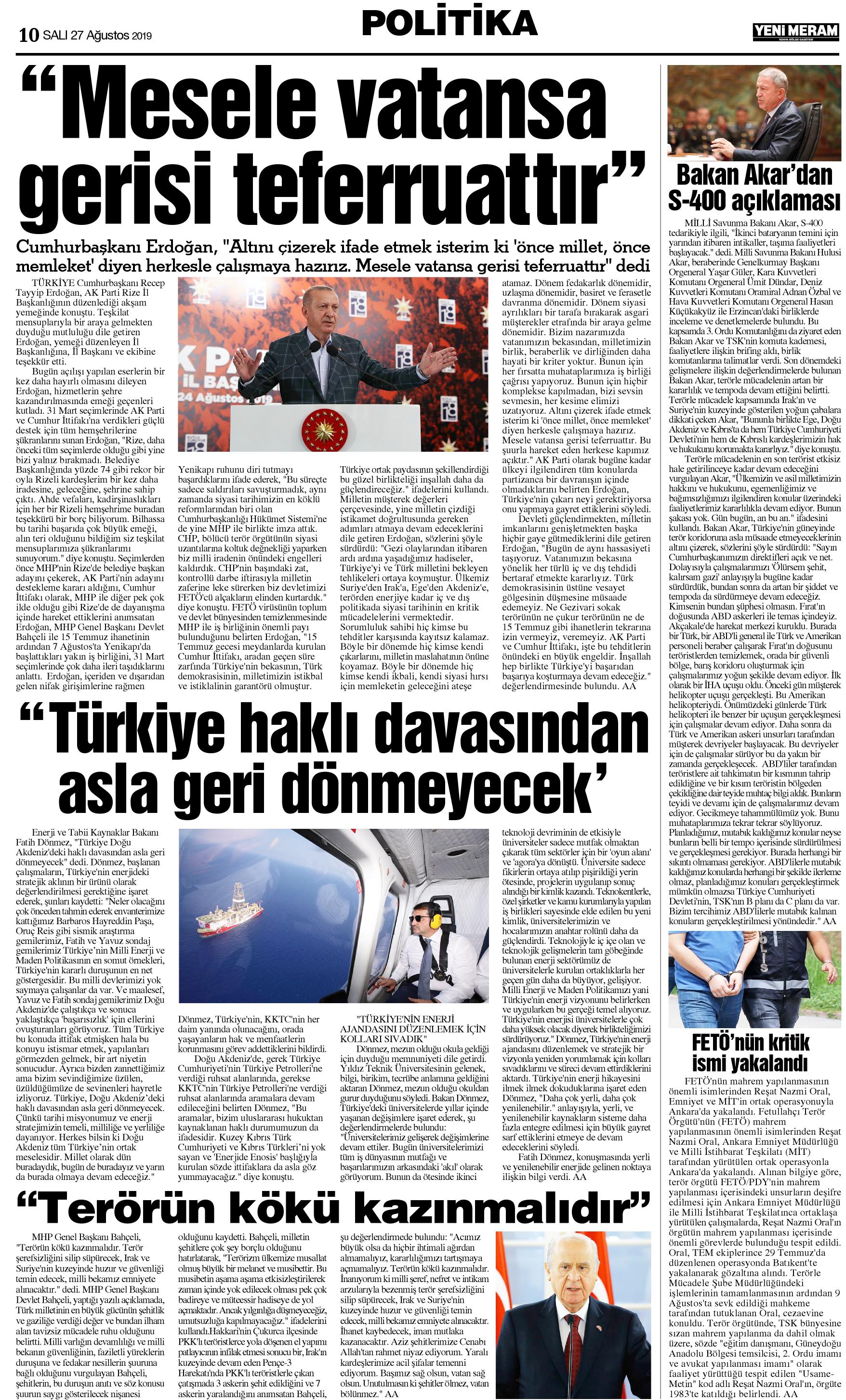 27 Ağustos 2019 Yeni Meram Gazetesi