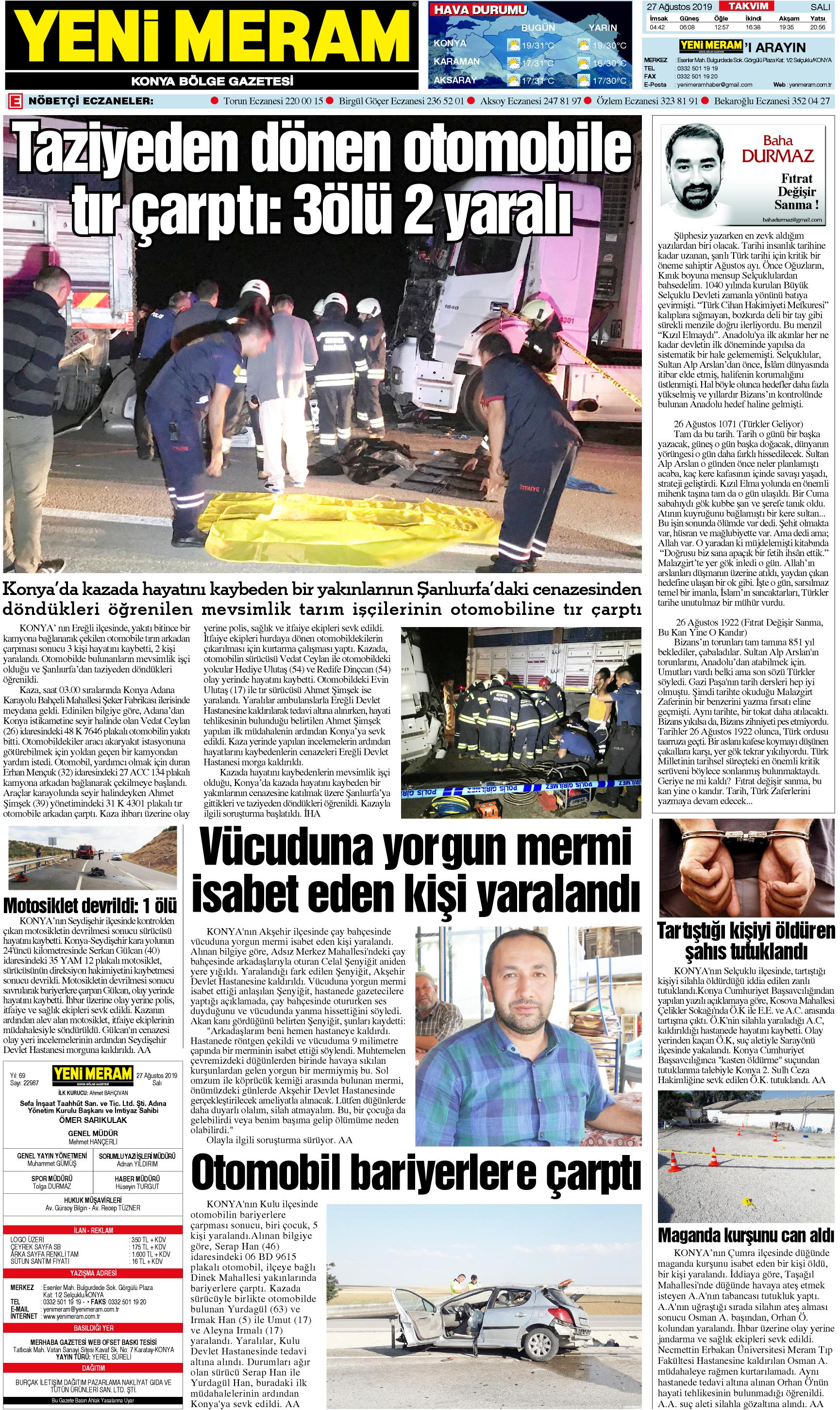 27 Ağustos 2019 Yeni Meram Gazetesi