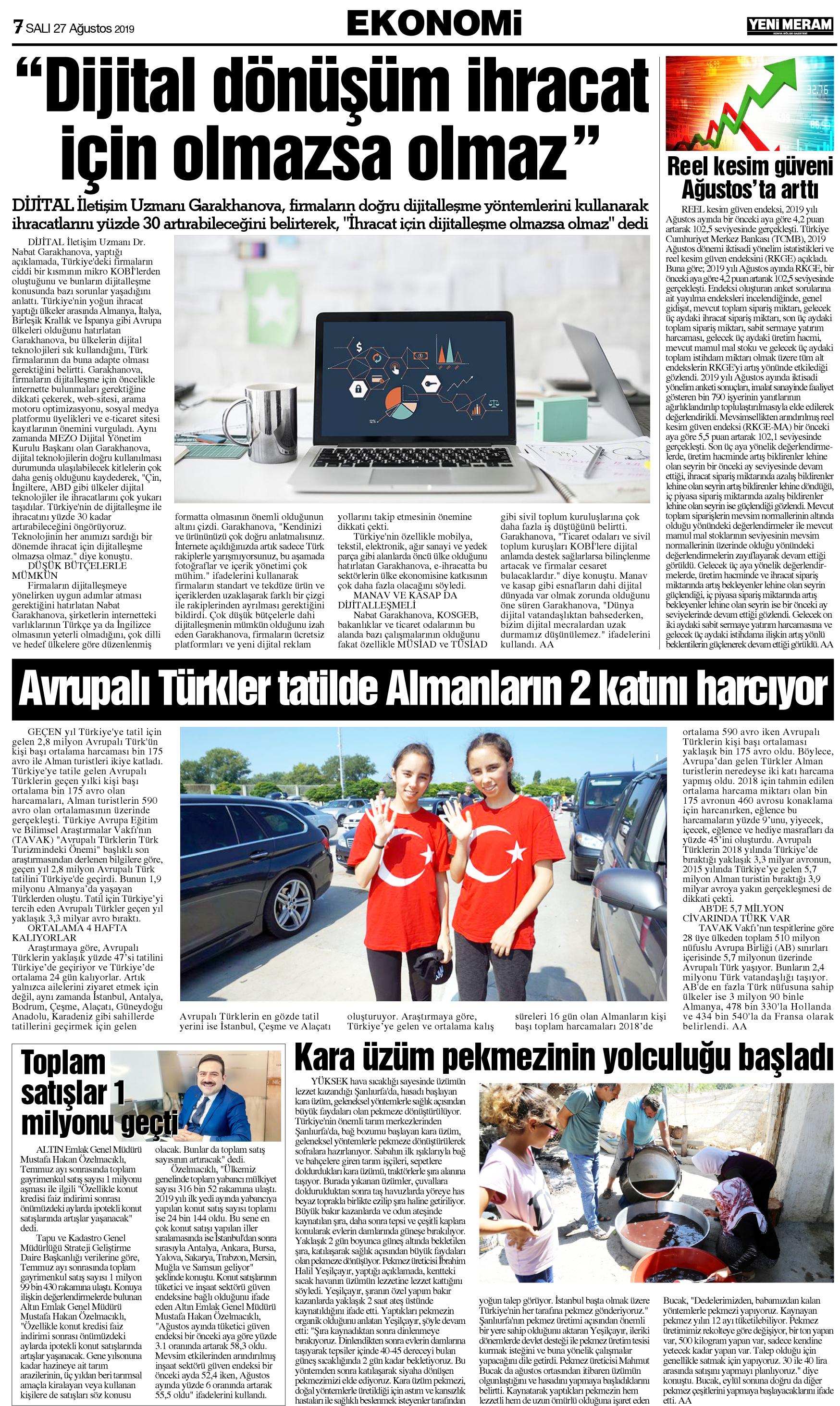 27 Ağustos 2019 Yeni Meram Gazetesi