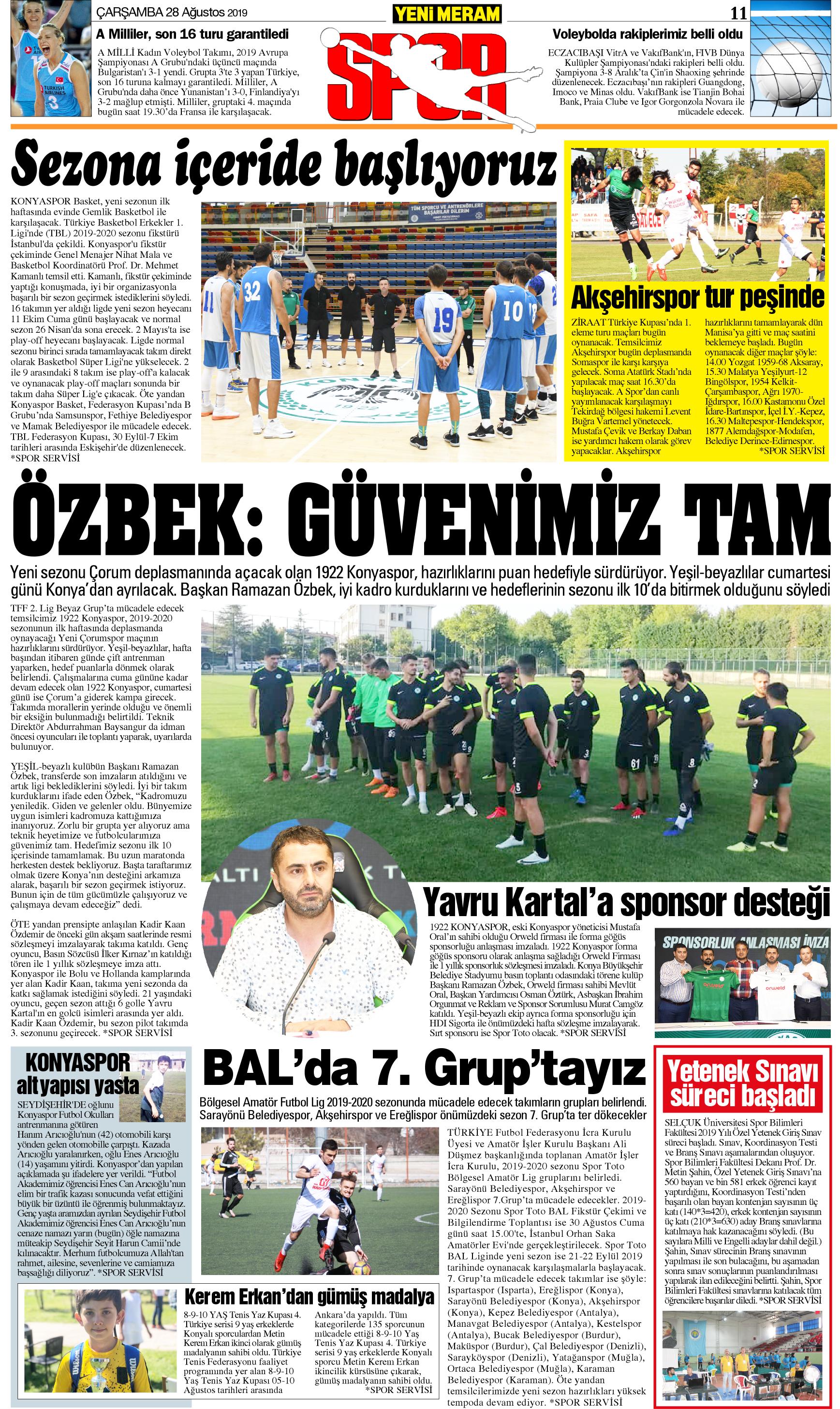 28 Ağustos 2019 Yeni Meram Gazetesi