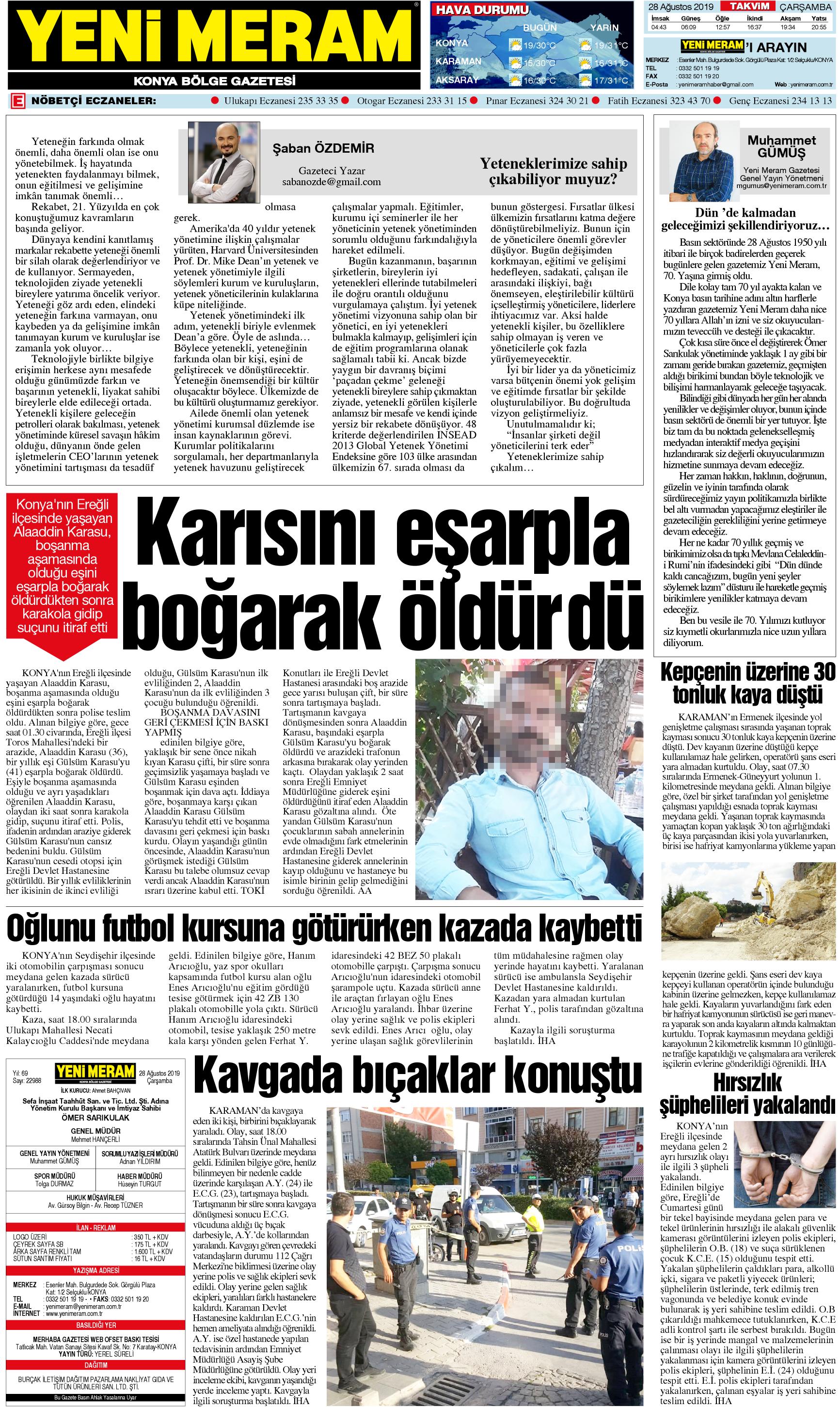 28 Ağustos 2019 Yeni Meram Gazetesi