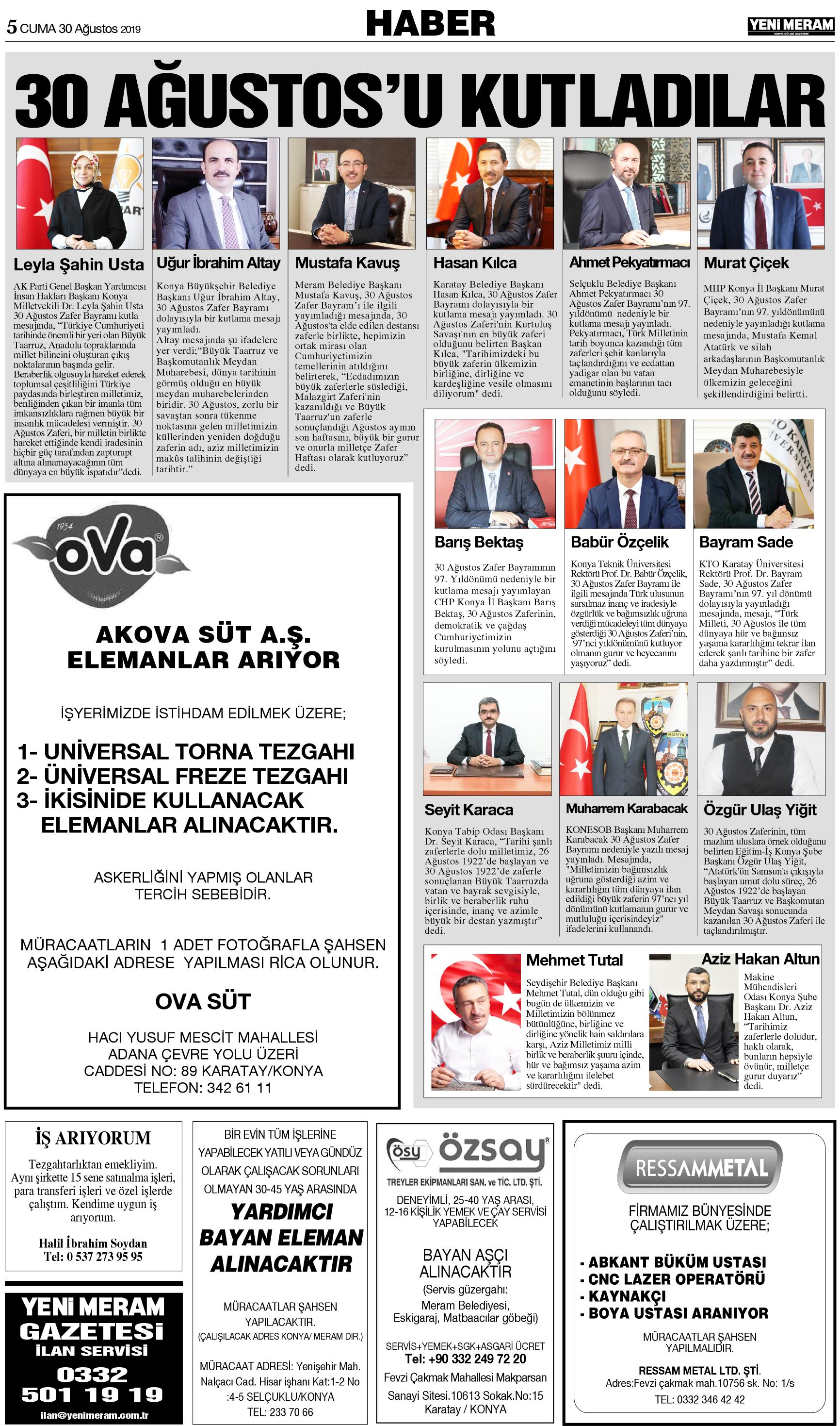 30 Ağustos 2019 Yeni Meram Gazetesi