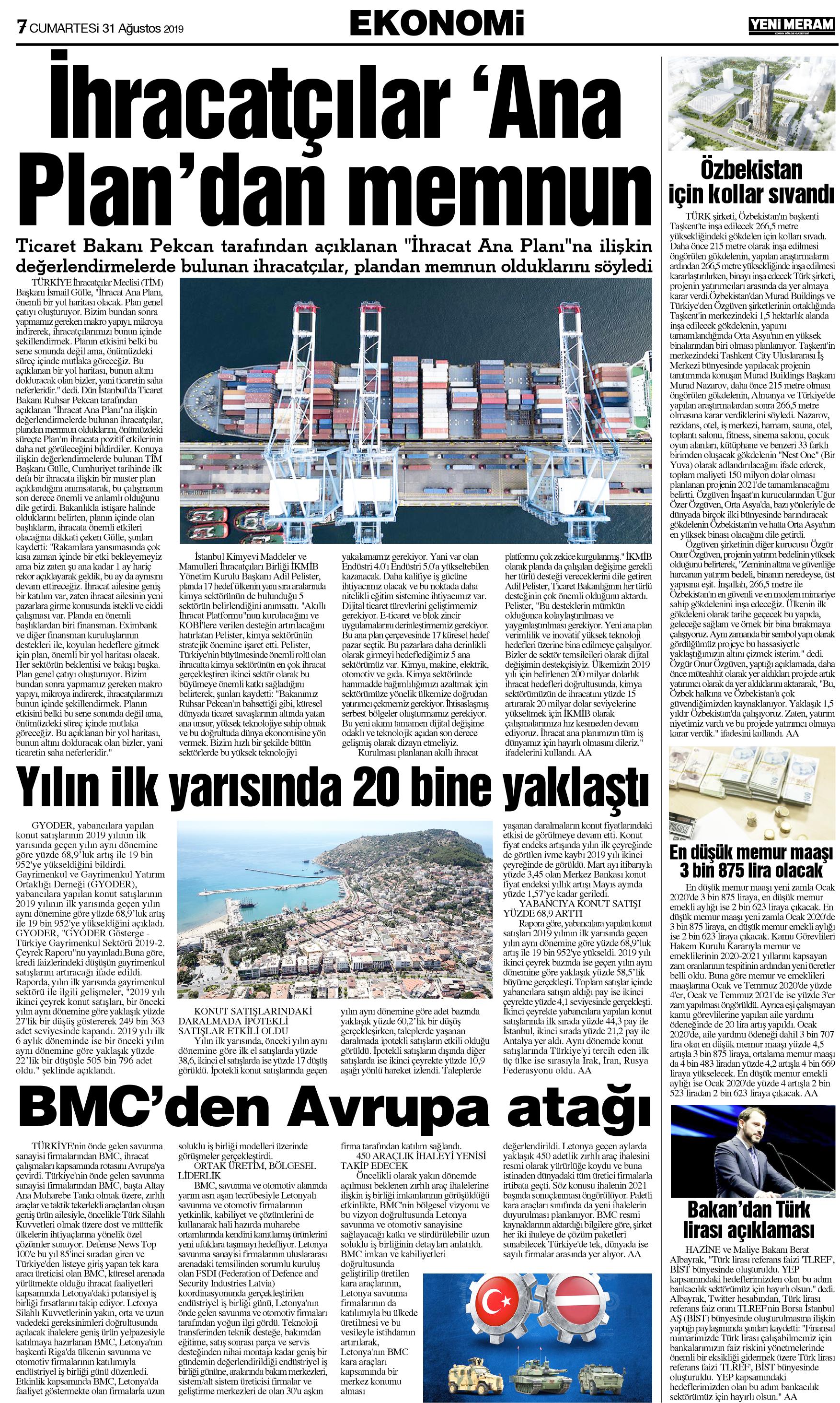 31 Ağustos 2019 Yeni Meram Gazetesi