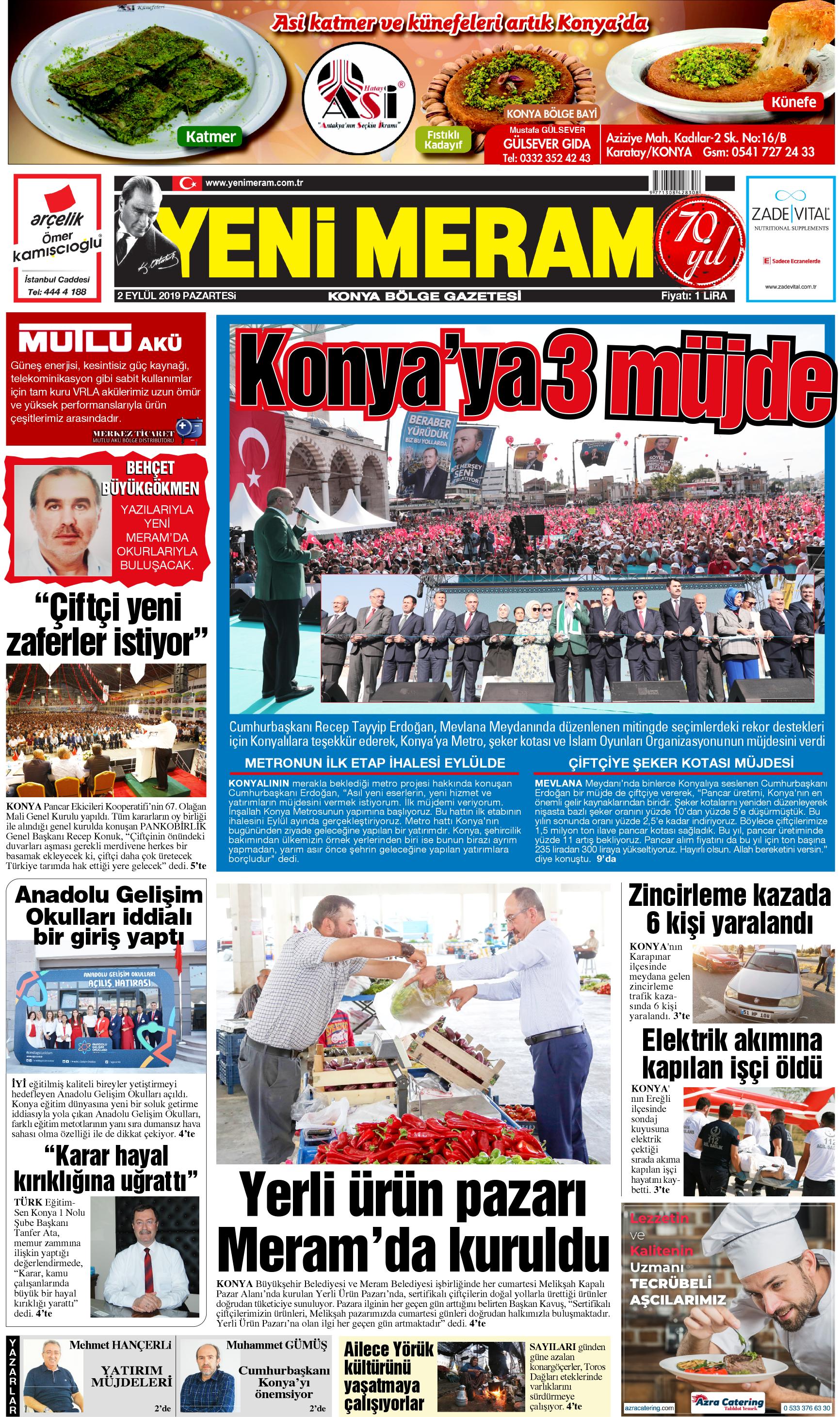 2 Eylül 2019 Yeni Meram Gazetesi