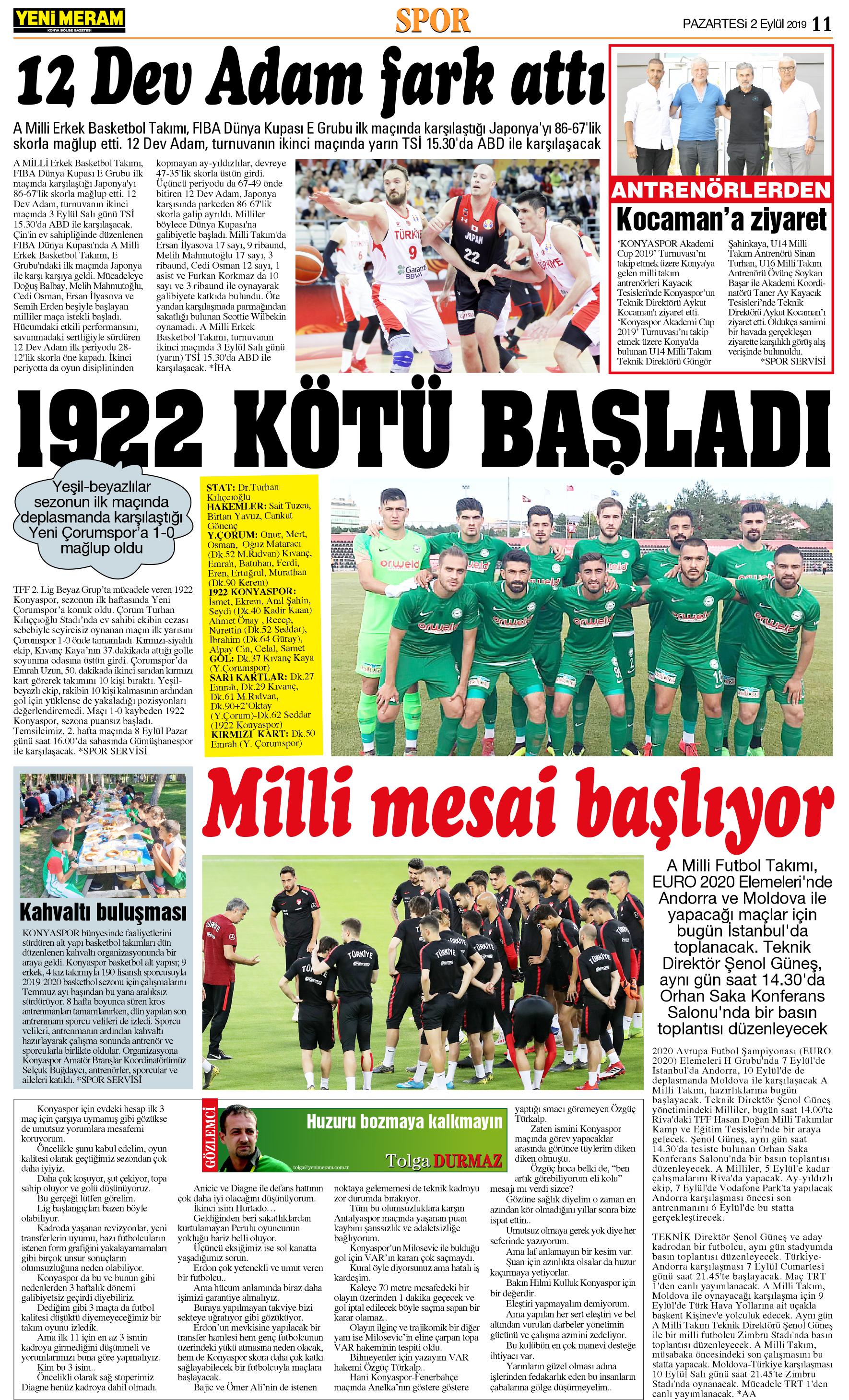 2 Eylül 2019 Yeni Meram Gazetesi