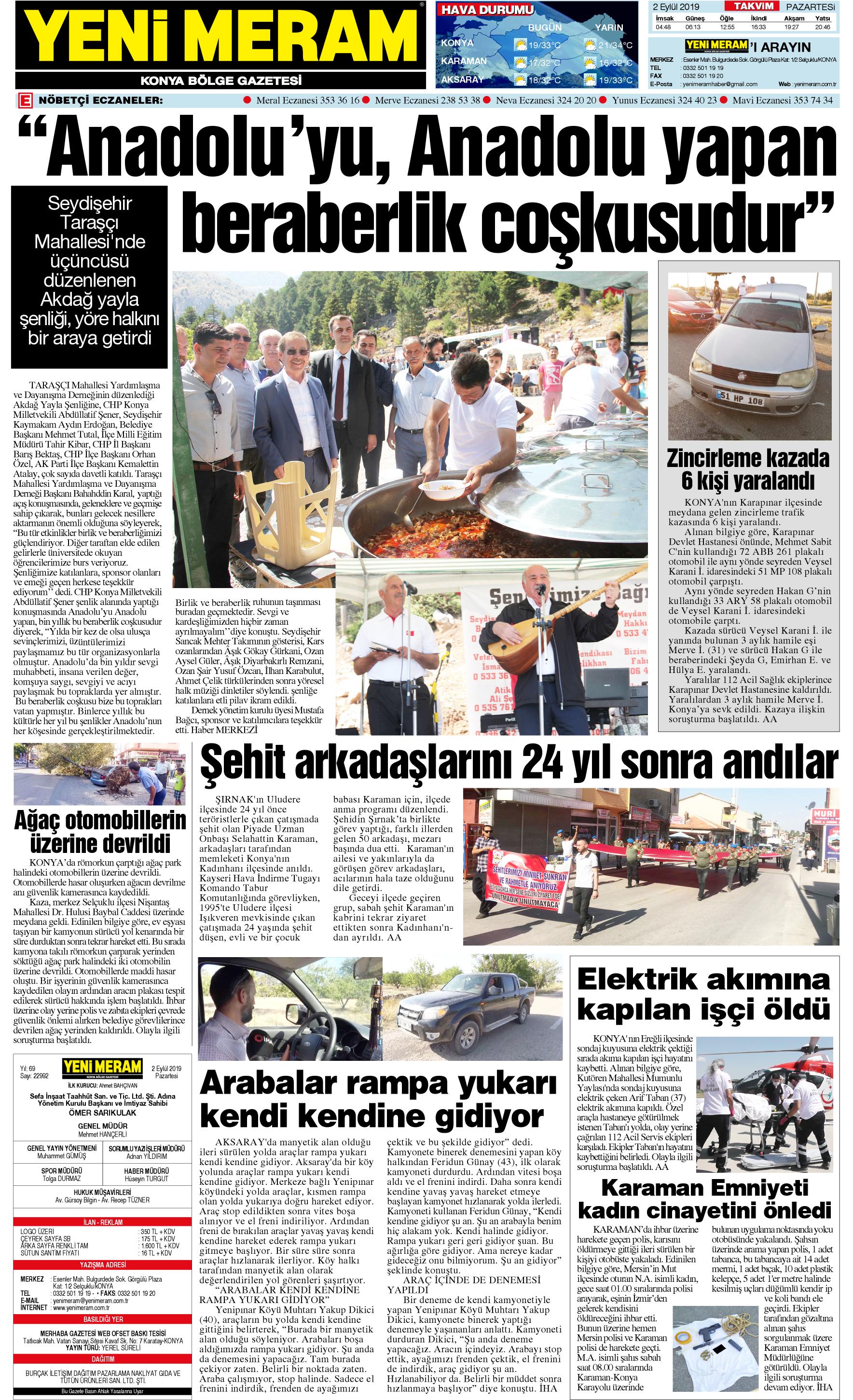 2 Eylül 2019 Yeni Meram Gazetesi