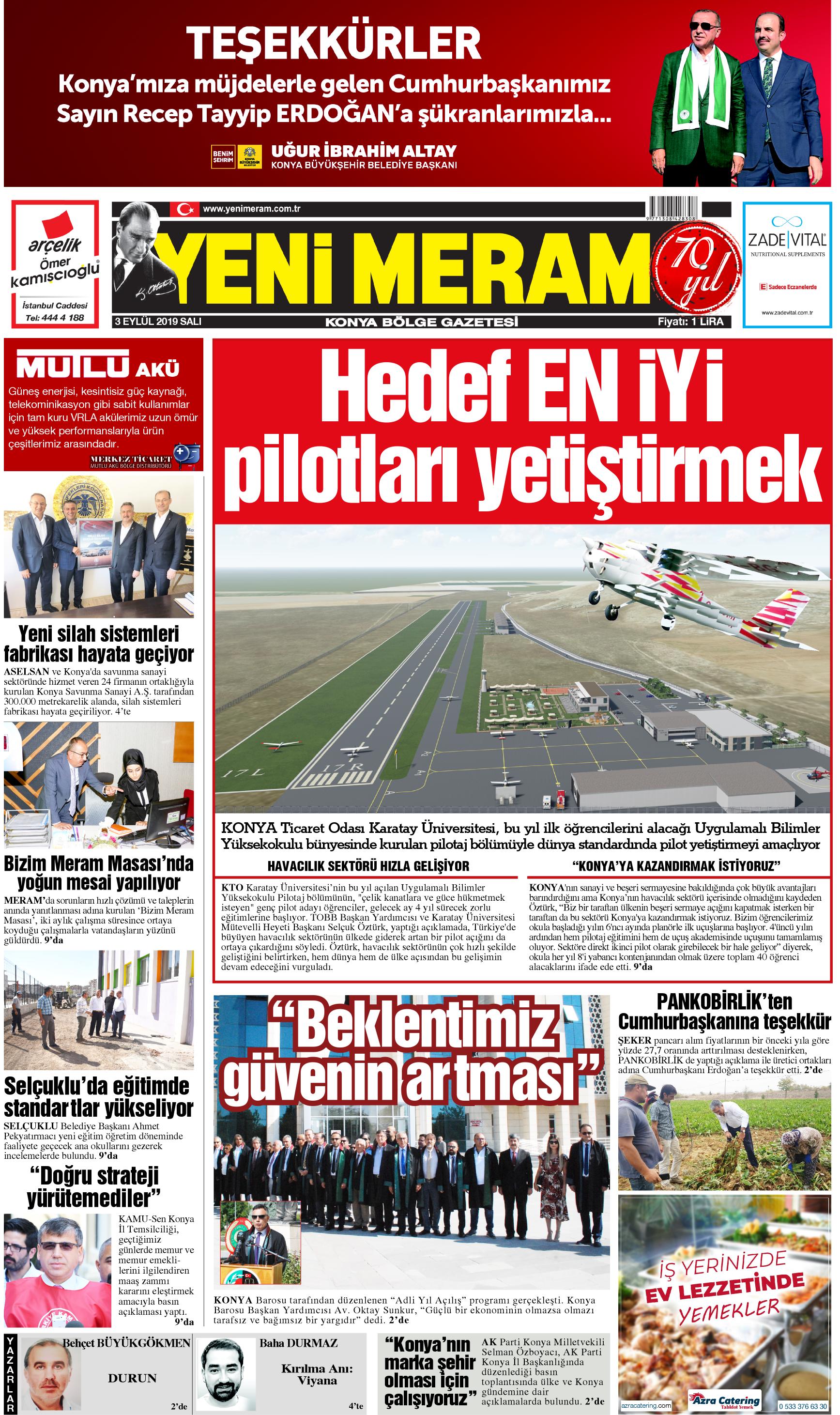 3 Eylül 2019 Yeni Meram Gazetesi