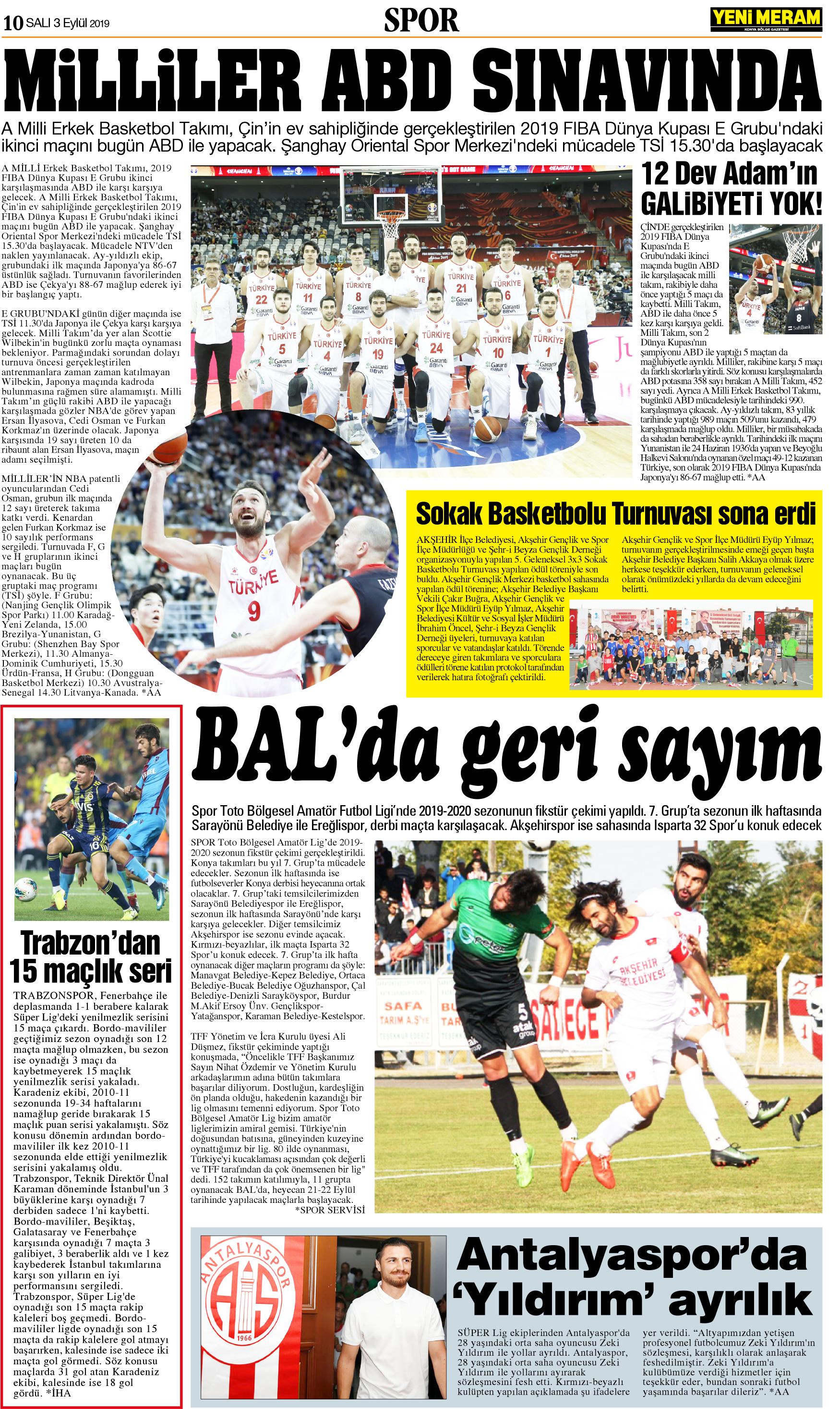 3 Eylül 2019 Yeni Meram Gazetesi