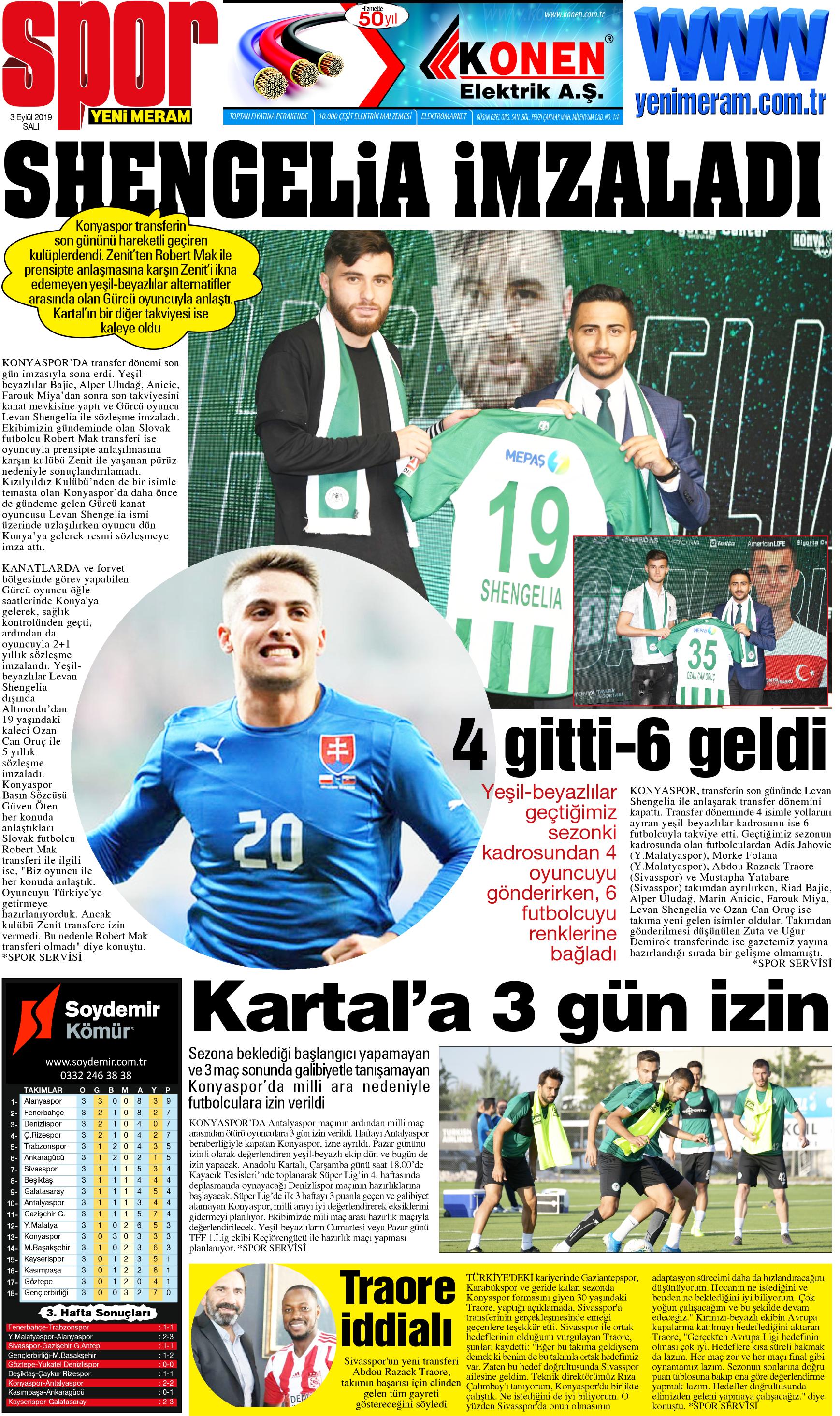 3 Eylül 2019 Yeni Meram Gazetesi