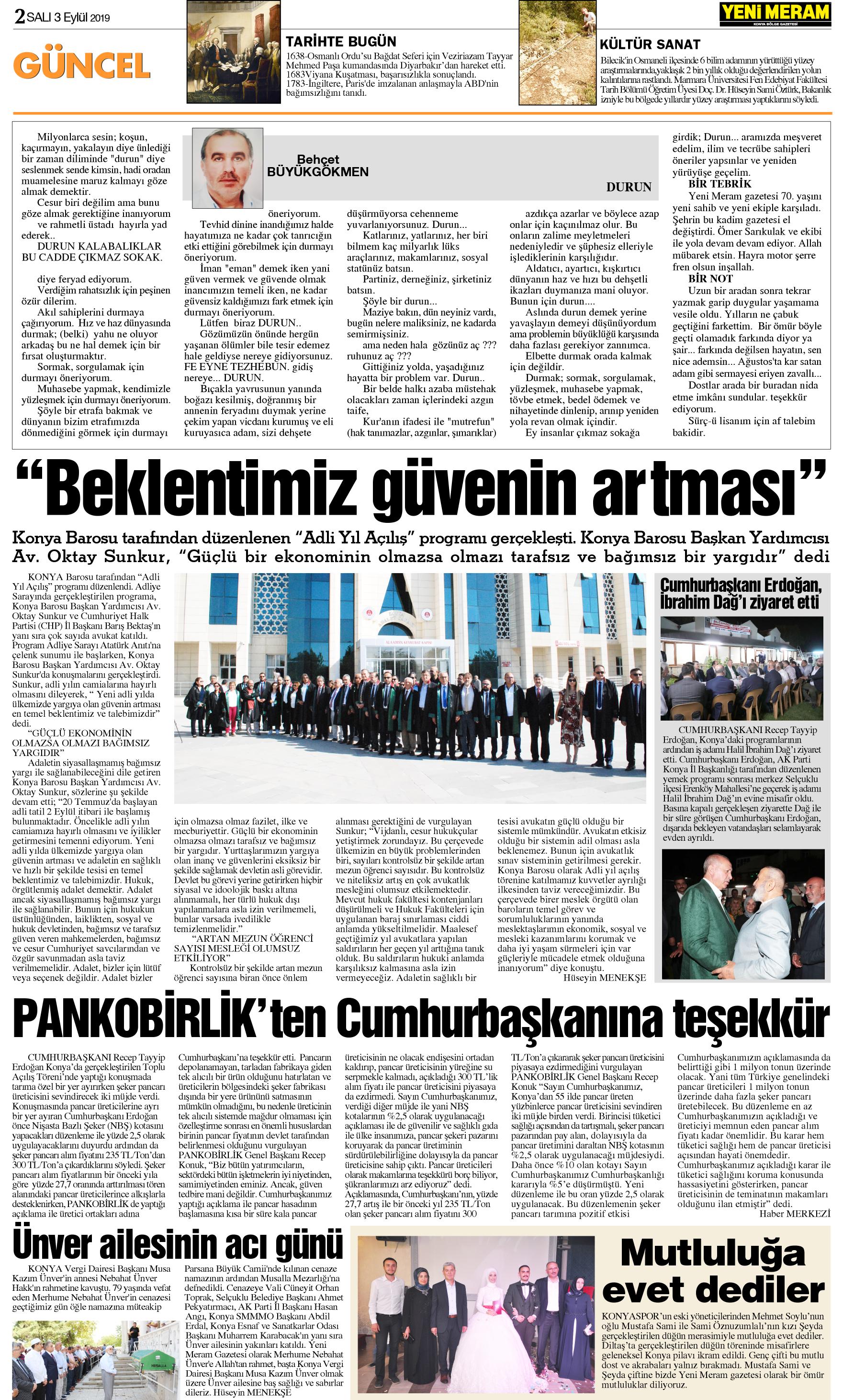 3 Eylül 2019 Yeni Meram Gazetesi