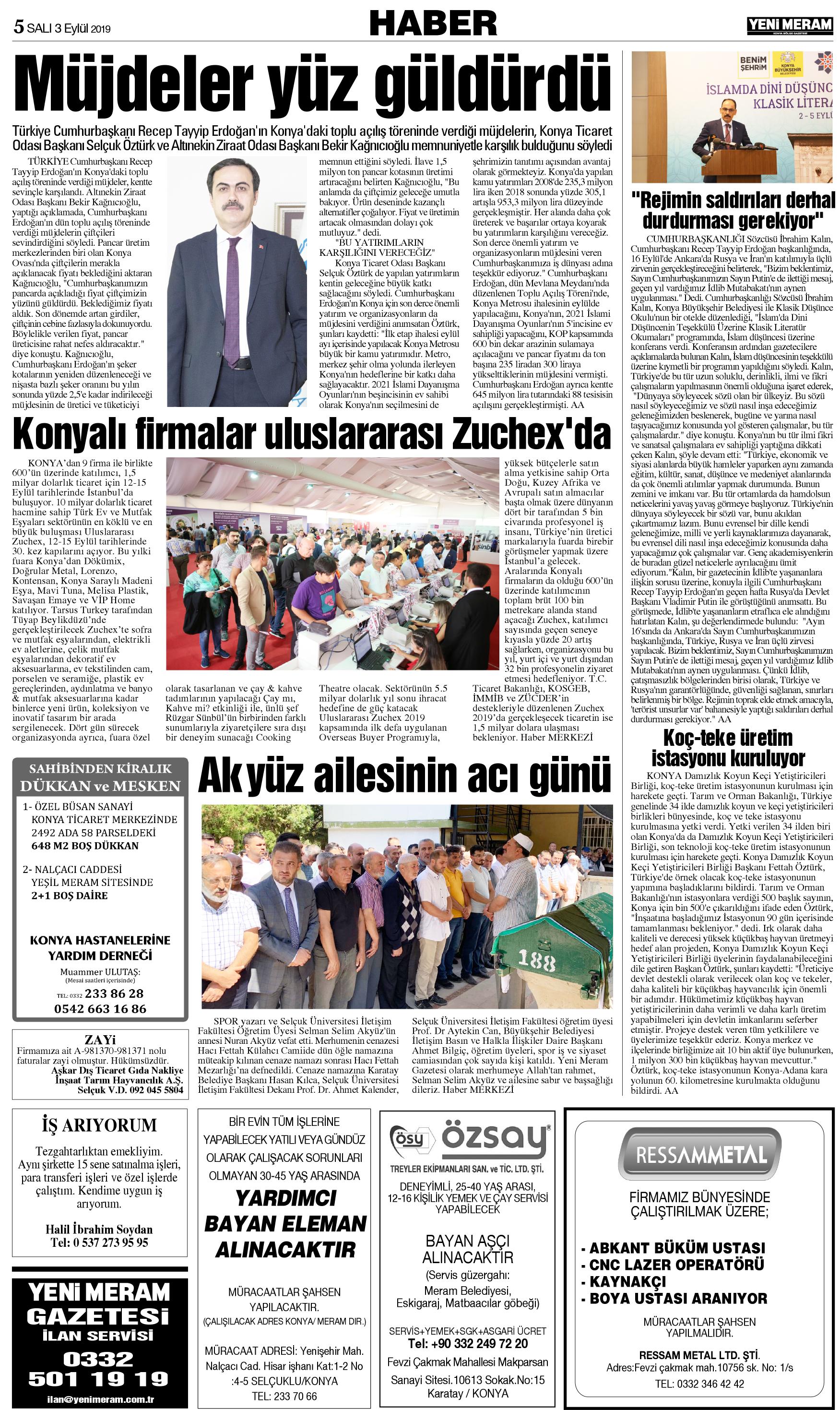 3 Eylül 2019 Yeni Meram Gazetesi