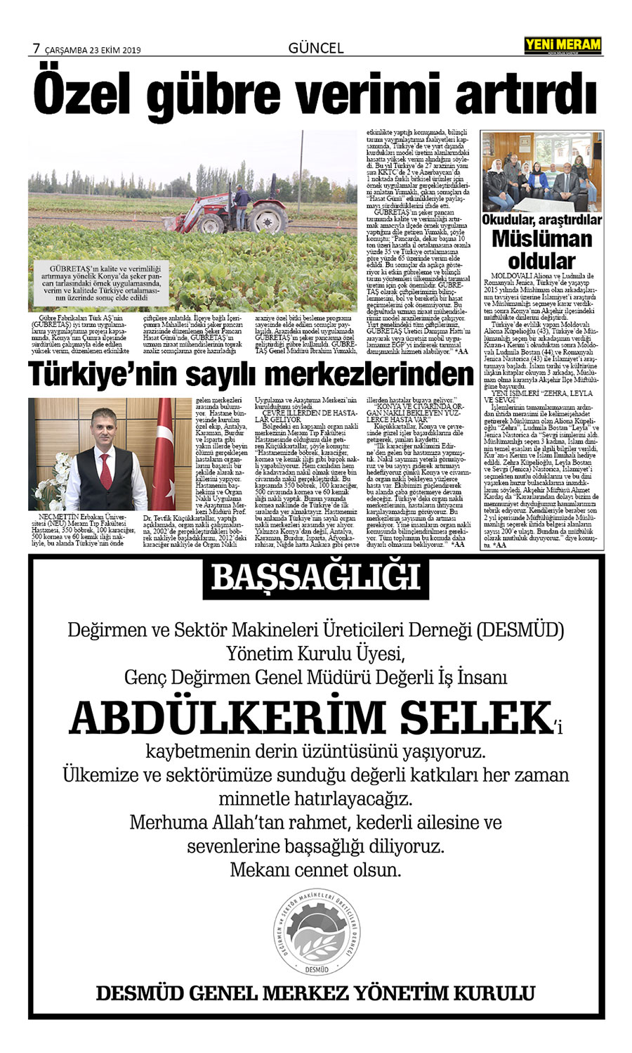 23 Ekim 2019 Yeni Meram Gazetesi