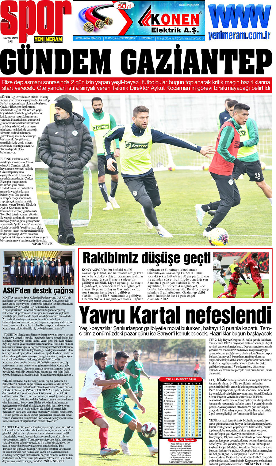 3 Aralık 2019 Yeni Meram Gazetesi