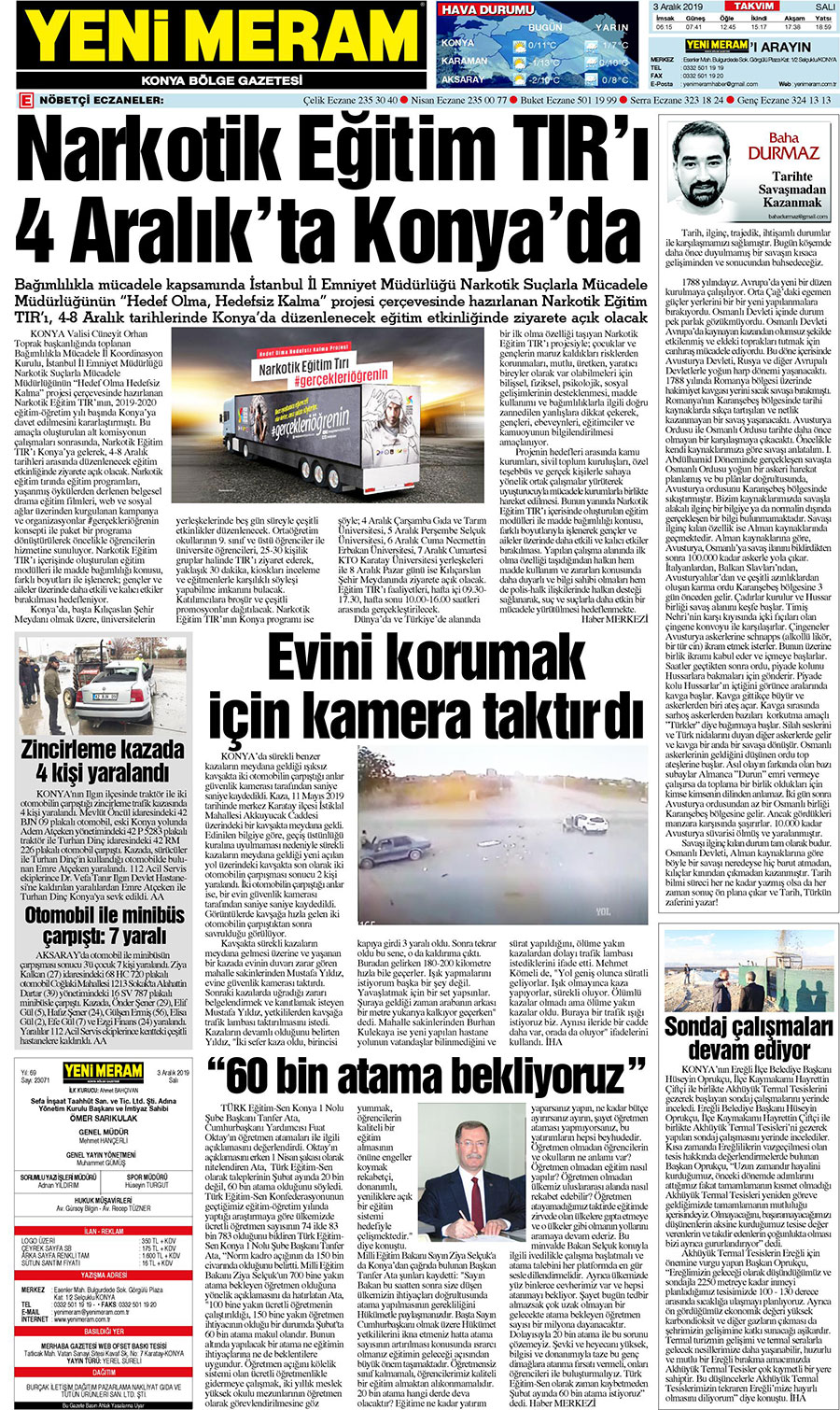 3 Aralık 2019 Yeni Meram Gazetesi