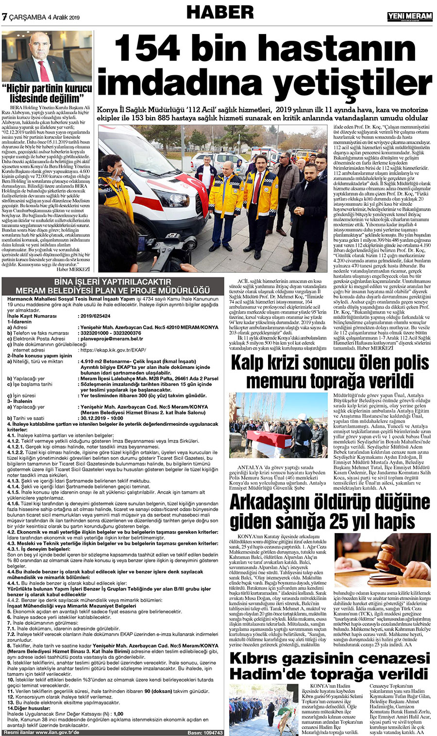 4 Aralık 2019 Yeni Meram Gazetesi