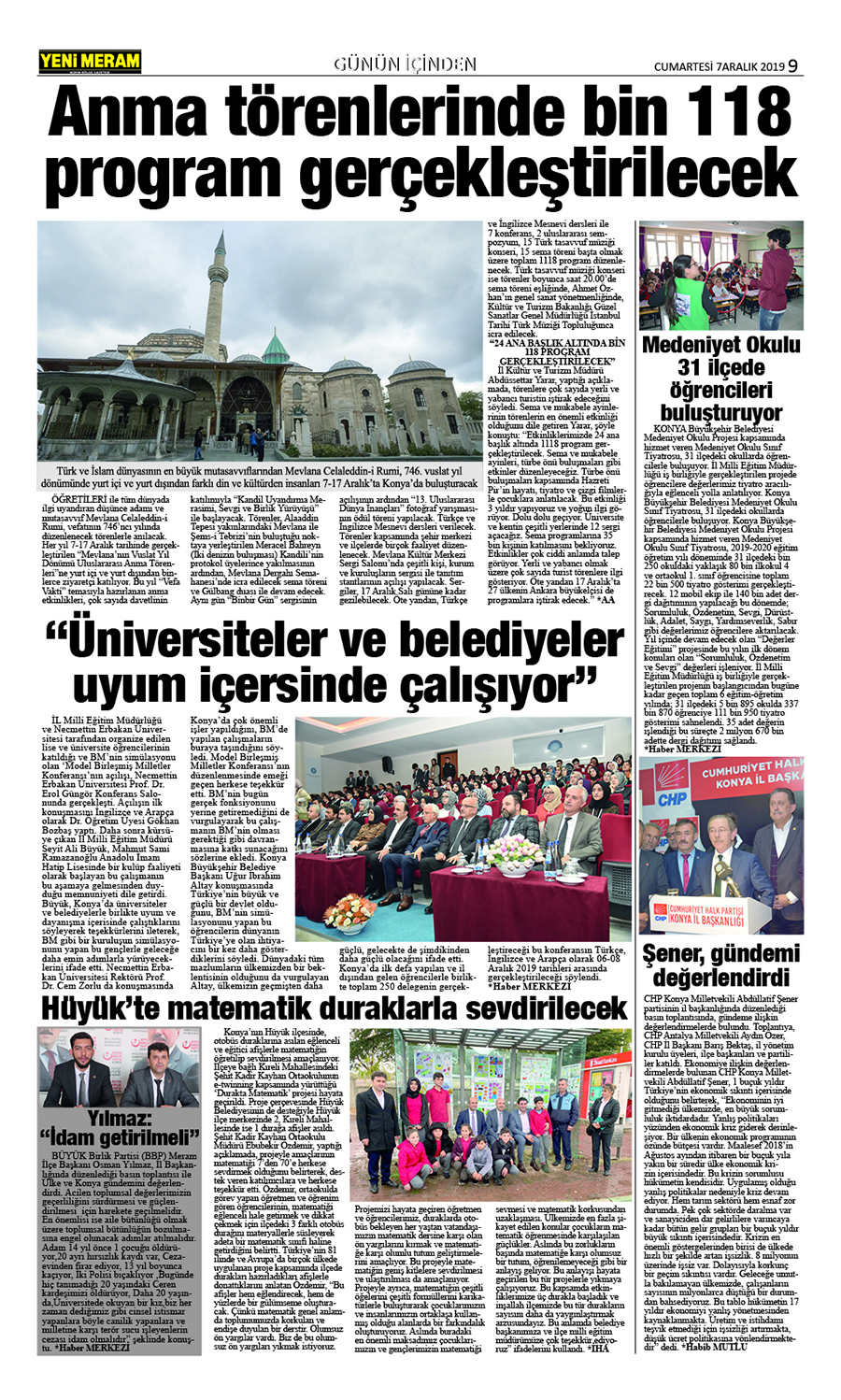 7 Aralık 2019 Yeni Meram Gazetesi