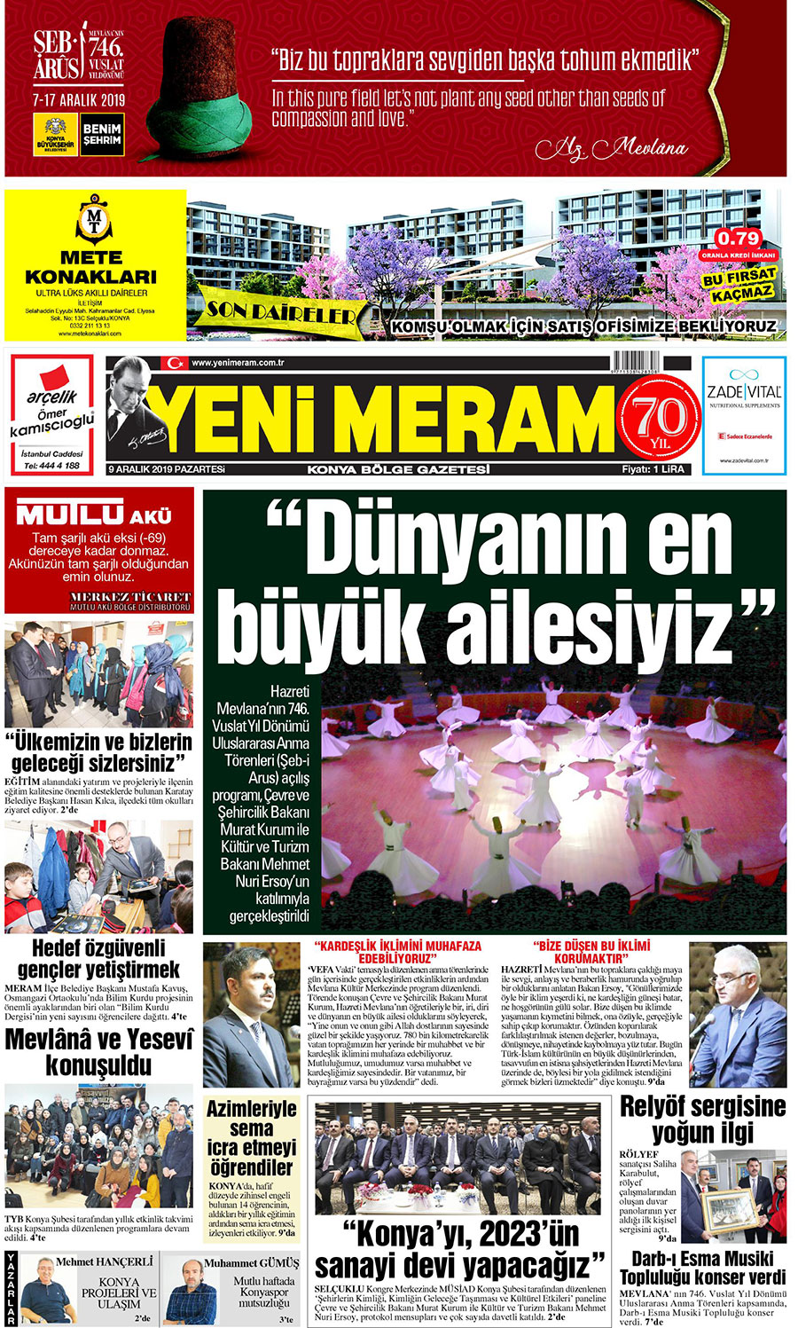 9 Aralık 2019 Yeni Meram Gazetesi