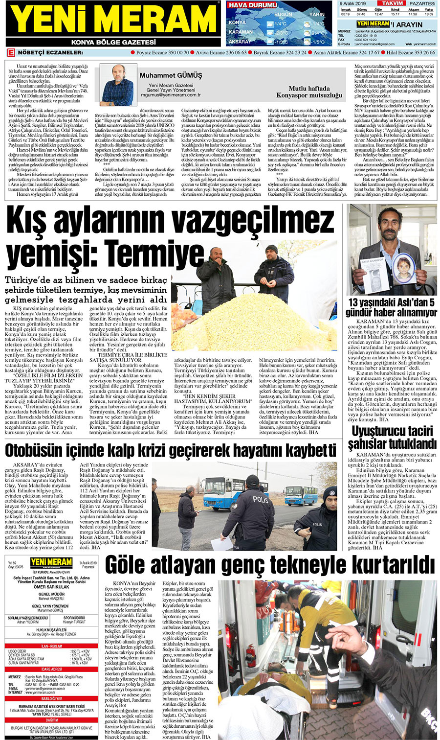 9 Aralık 2019 Yeni Meram Gazetesi