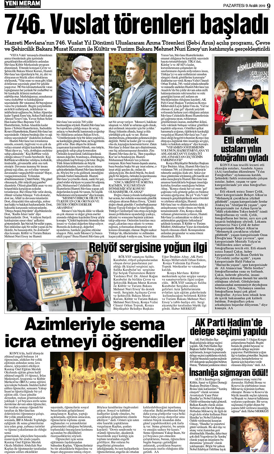 9 Aralık 2019 Yeni Meram Gazetesi