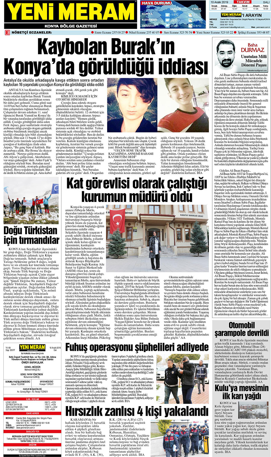 10 Aralık 2019 Yeni Meram Gazetesi