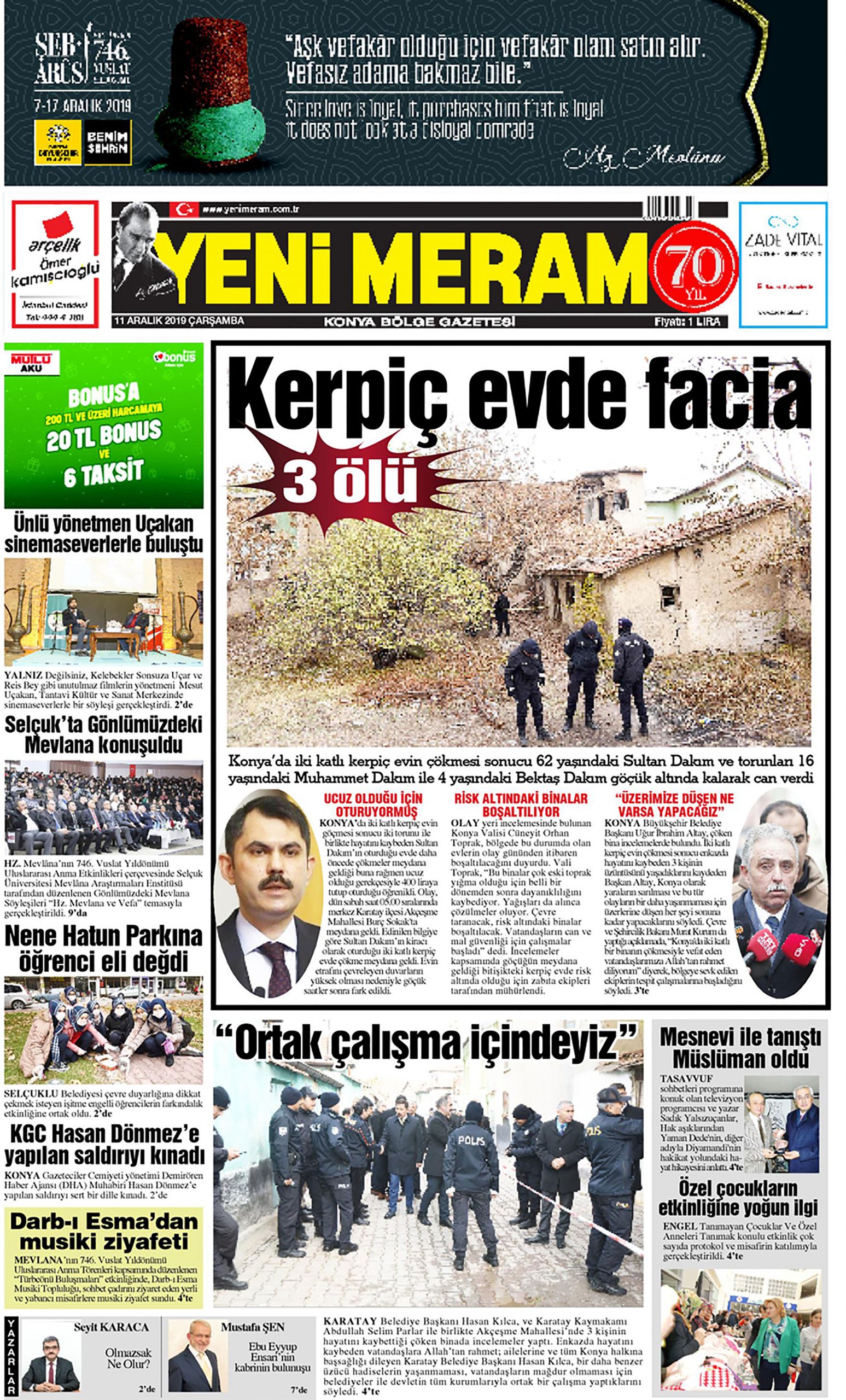 11 Aralık 2019 Yeni Meram Gazetesi