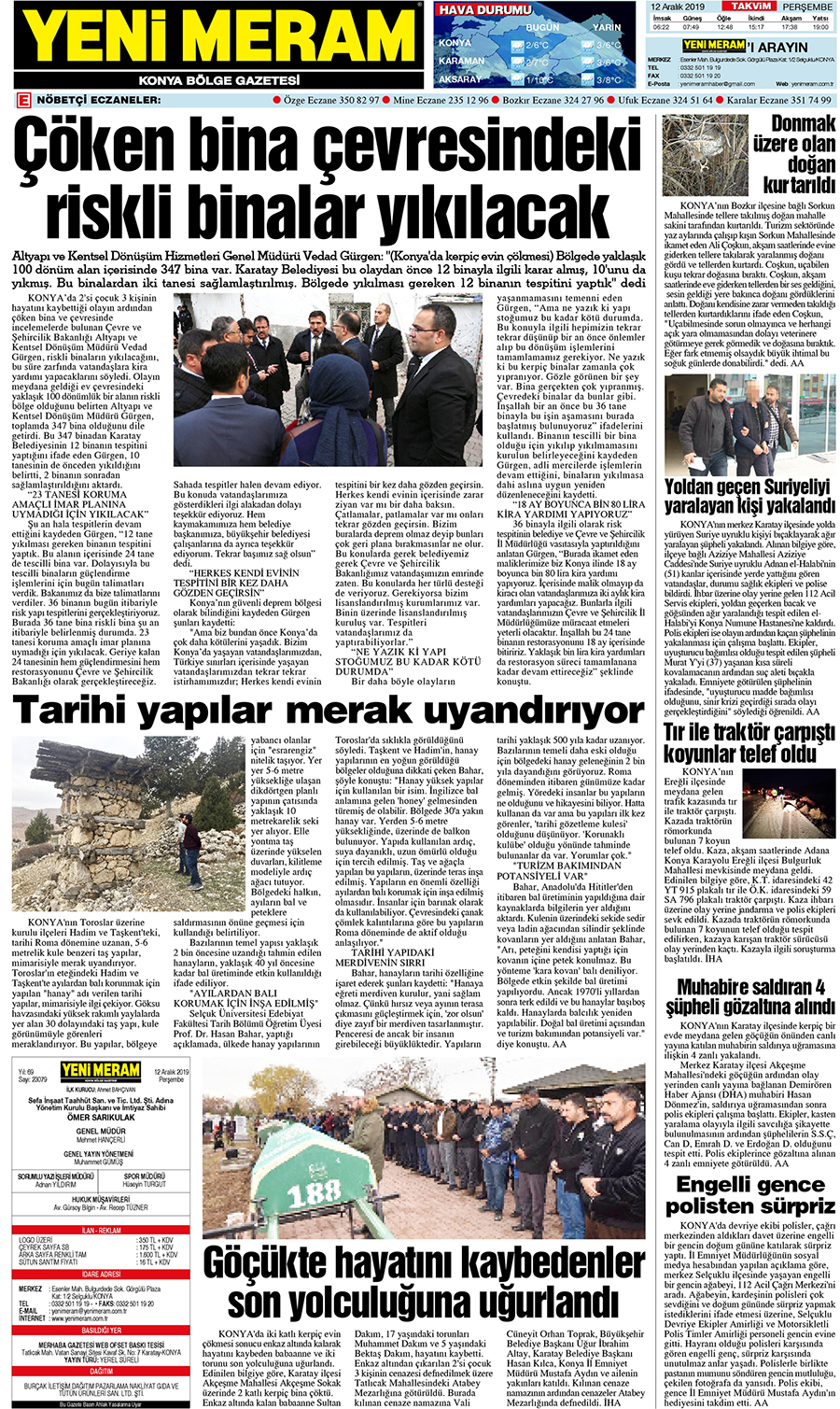 12 Aralık 2019 Yeni Meram Gazetesi