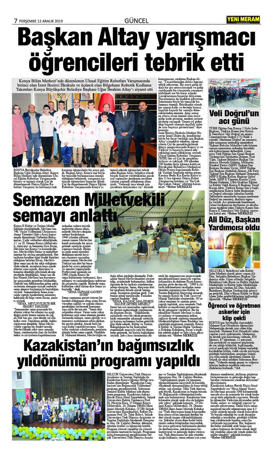 12 Aralık 2019 Yeni Meram Gazetesi