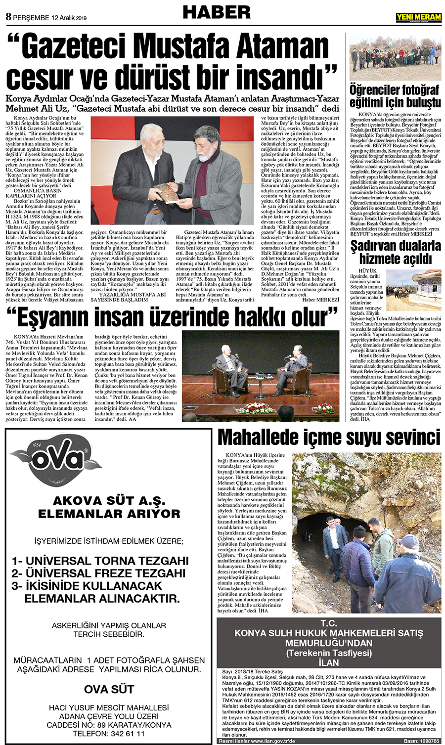 12 Aralık 2019 Yeni Meram Gazetesi