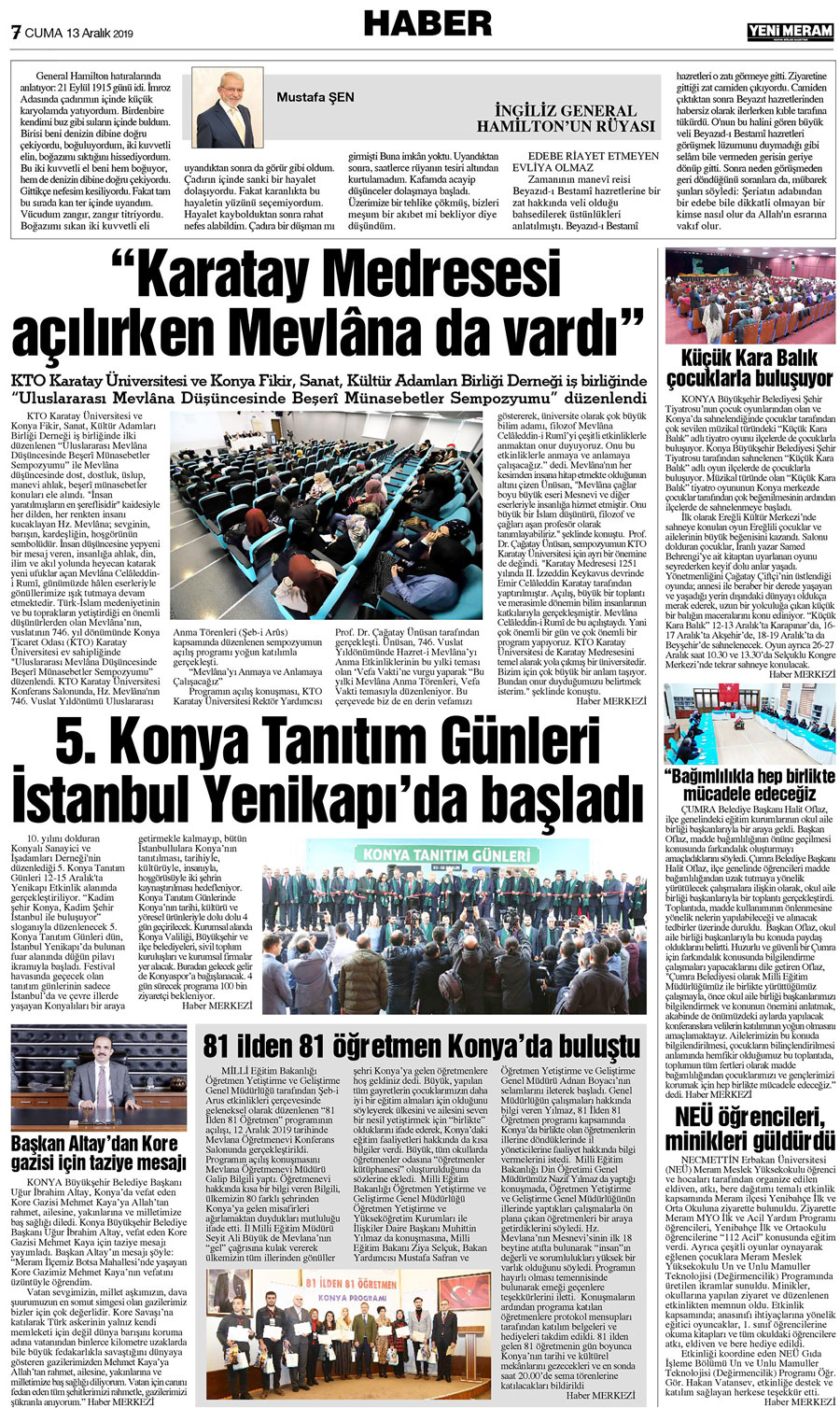 13 Aralık 2019 Yeni Meram Gazetesi