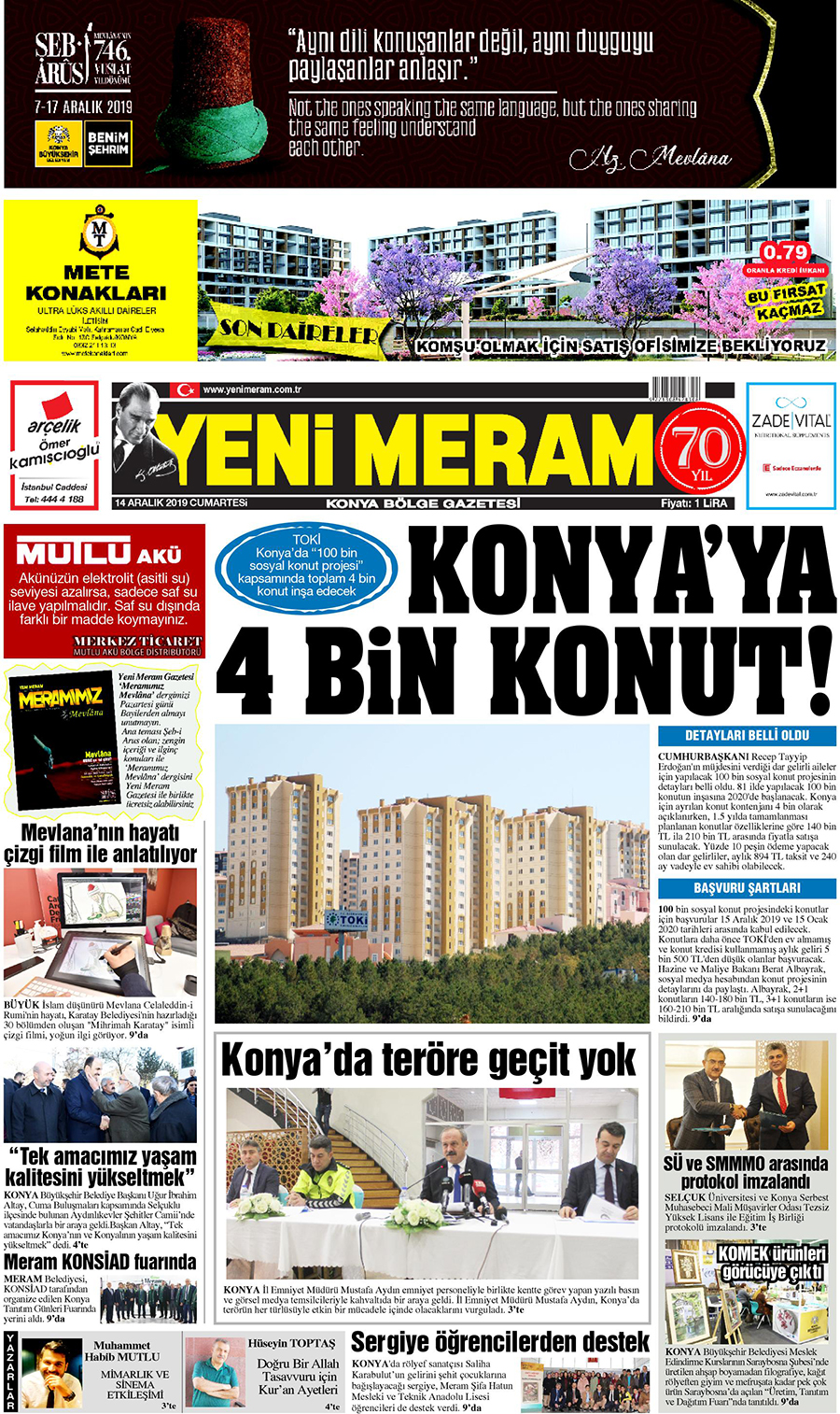 14 Aralık 2019 Yeni Meram Gazetesi