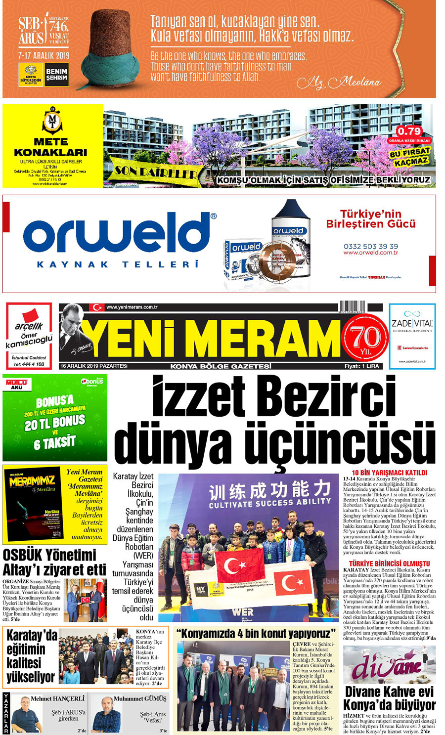 16 Aralık 2019 Yeni Meram Gazetesi