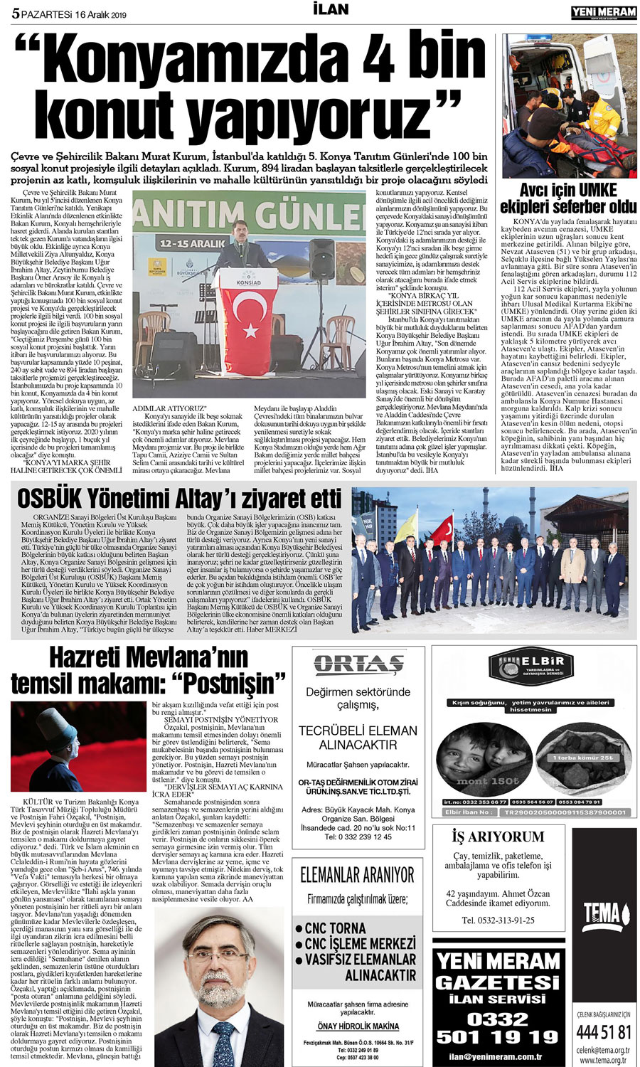 16 Aralık 2019 Yeni Meram Gazetesi