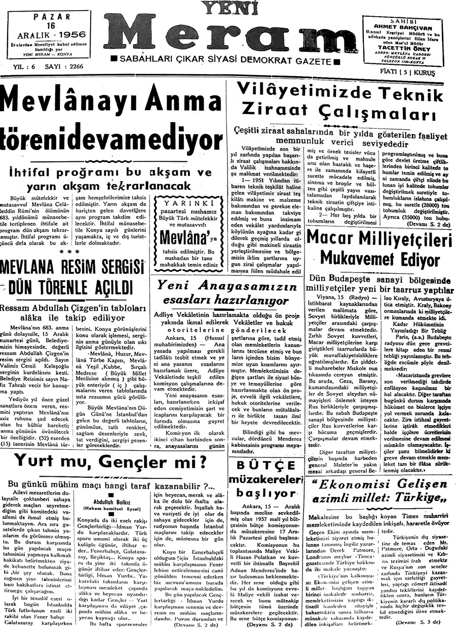 16 Aralık 2019 Yeni Meram Gazetesi