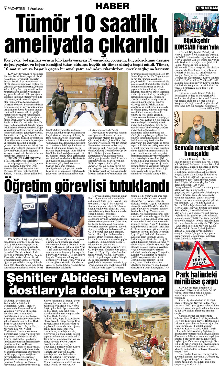 16 Aralık 2019 Yeni Meram Gazetesi