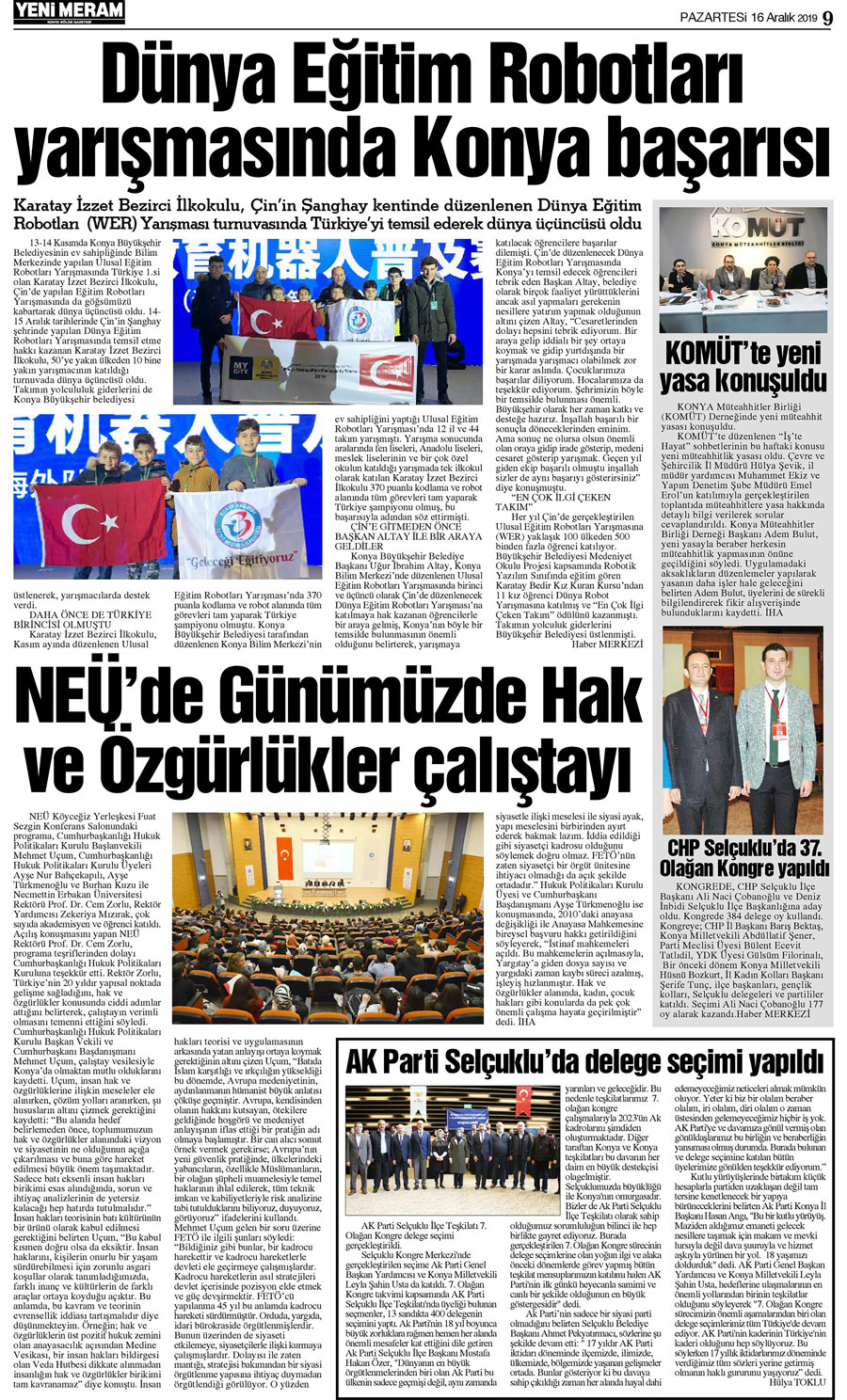 16 Aralık 2019 Yeni Meram Gazetesi