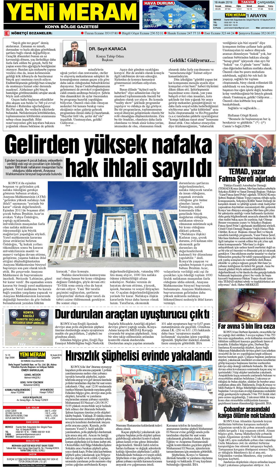 18 Aralık 2019 Yeni Meram Gazetesi