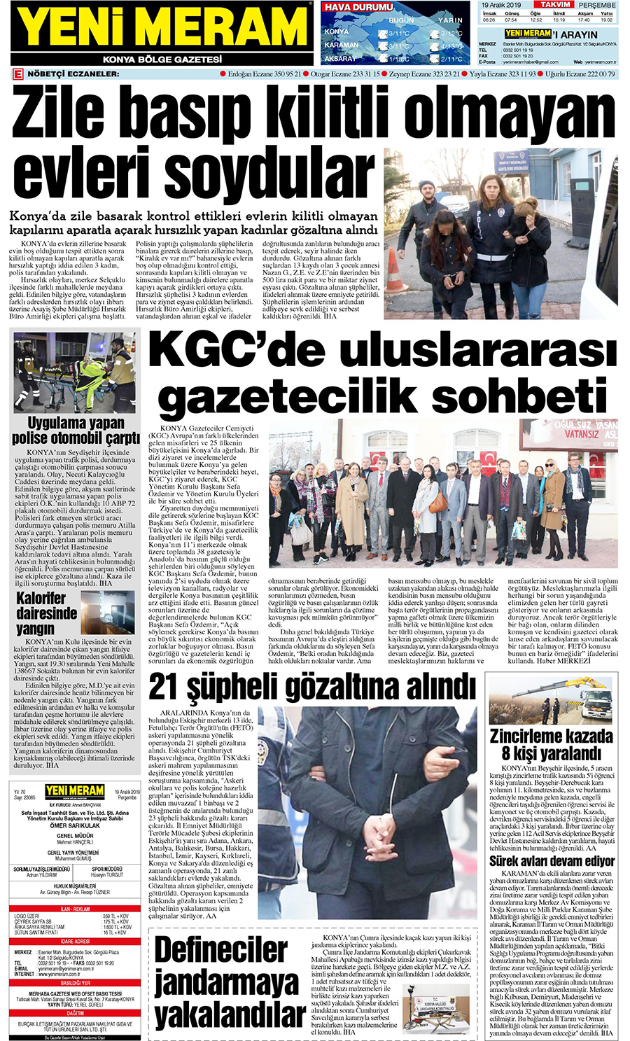 19 Aralık 2019 Yeni Meram Gazetesi