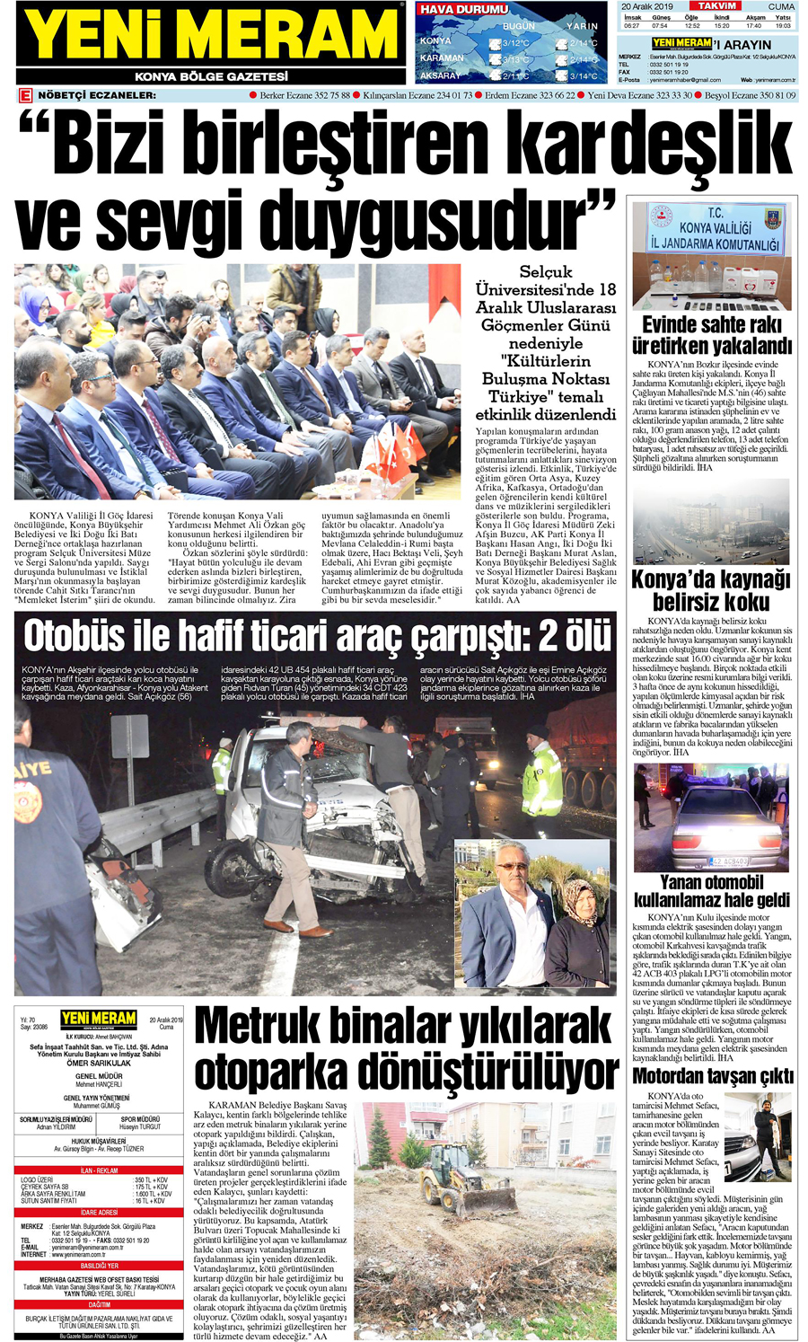 20 Aralık 2019 Yeni Meram Gazetesi