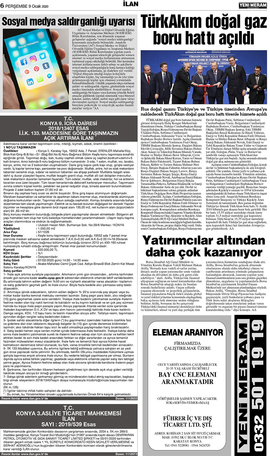 9 Ocak 2020 Yeni Meram Gazetesi