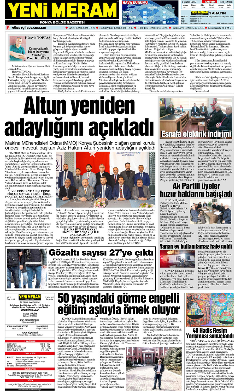 6 Şubat 2020 Yeni Meram Gazetesi