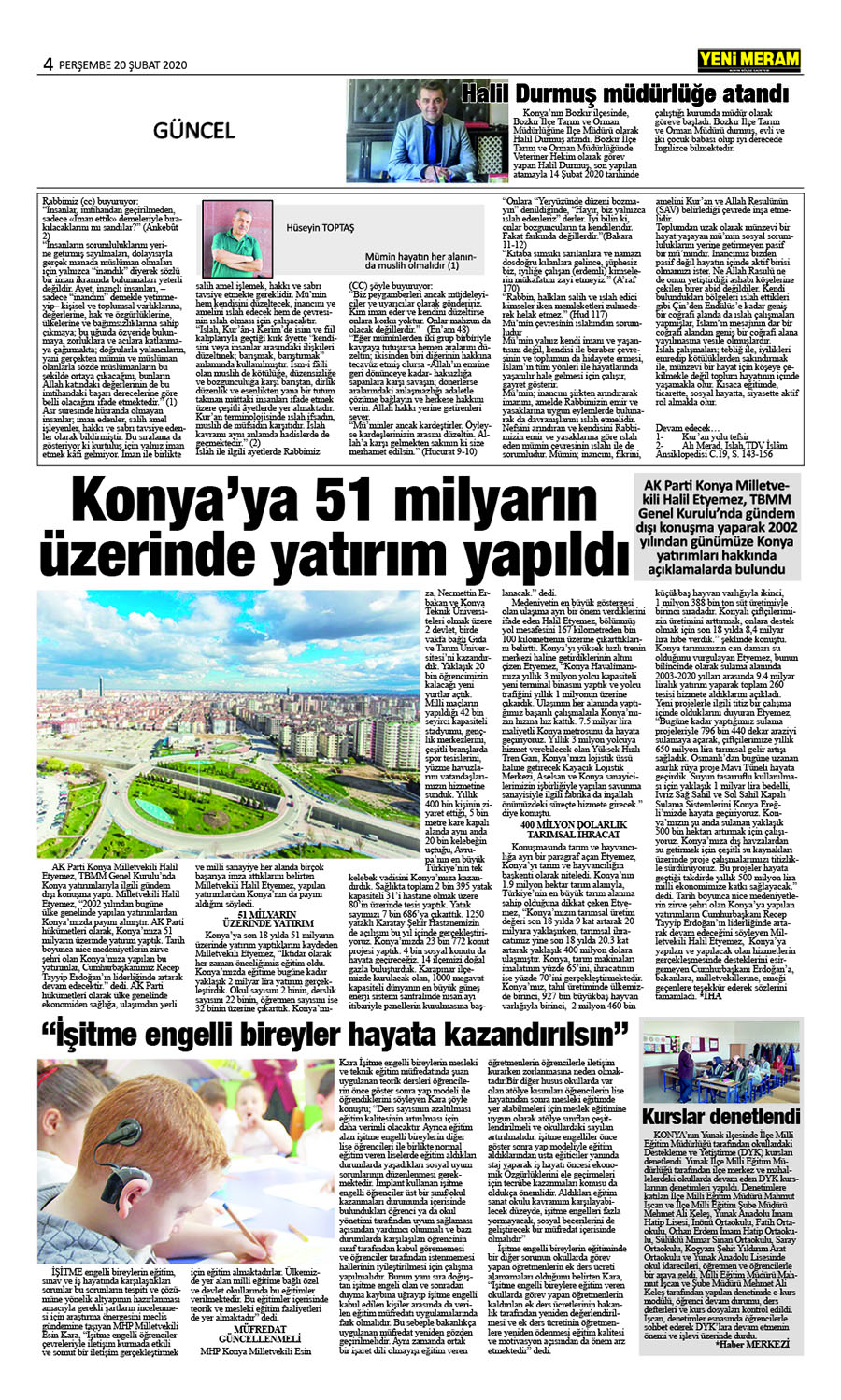 20 Şubat 2020 Yeni Meram Gazetesi