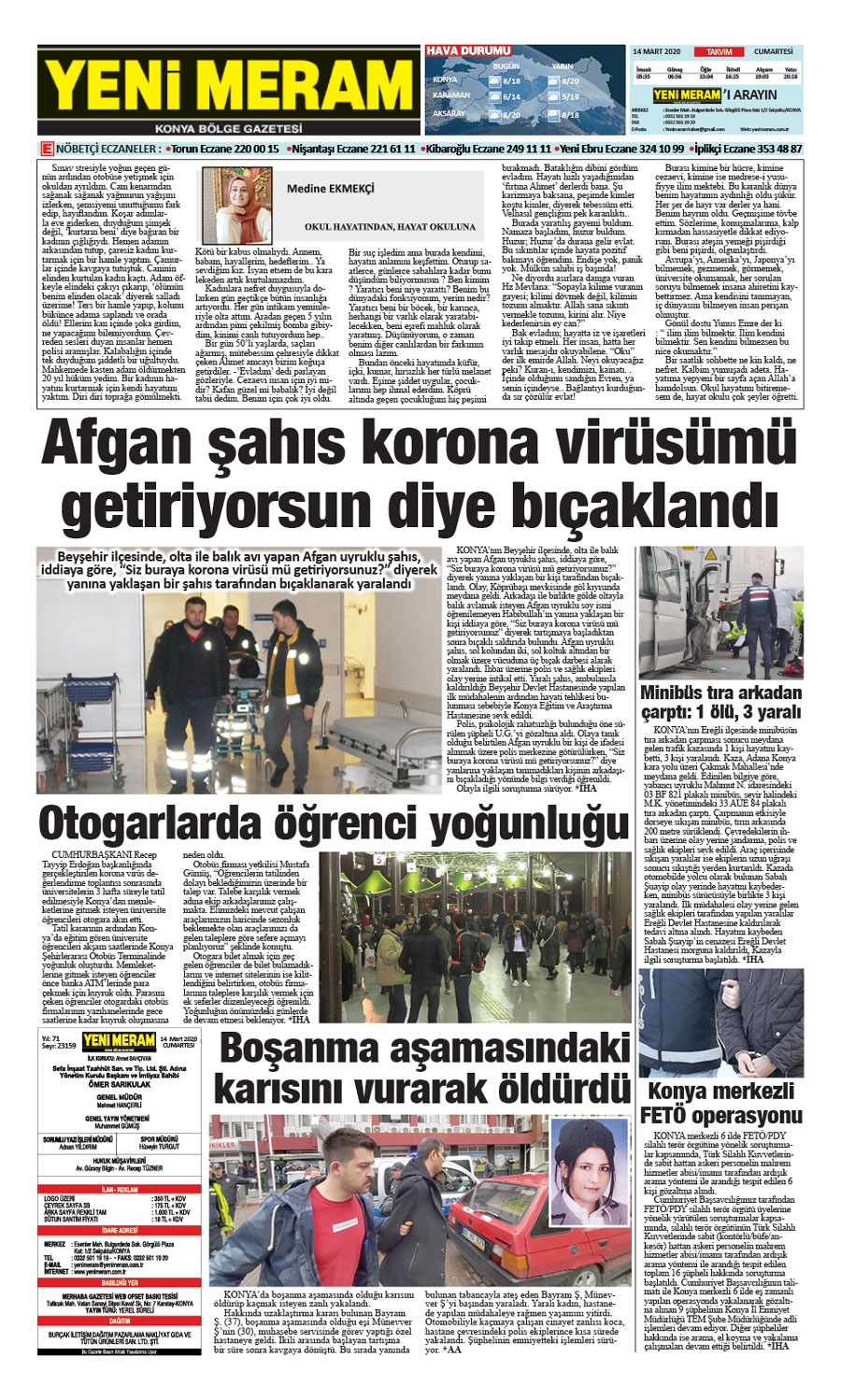 14 Mart 2020 Yeni Meram Gazetesi