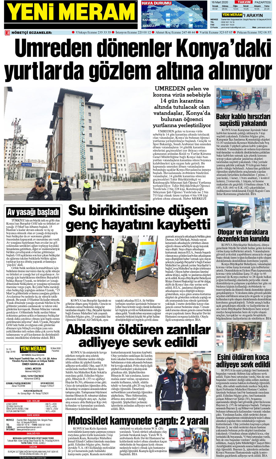 16 Mart 2020 Yeni Meram Gazetesi