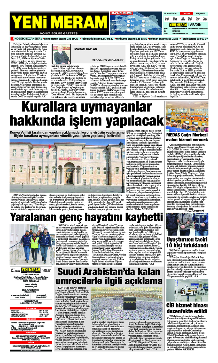 19 Mart 2020 Yeni Meram Gazetesi