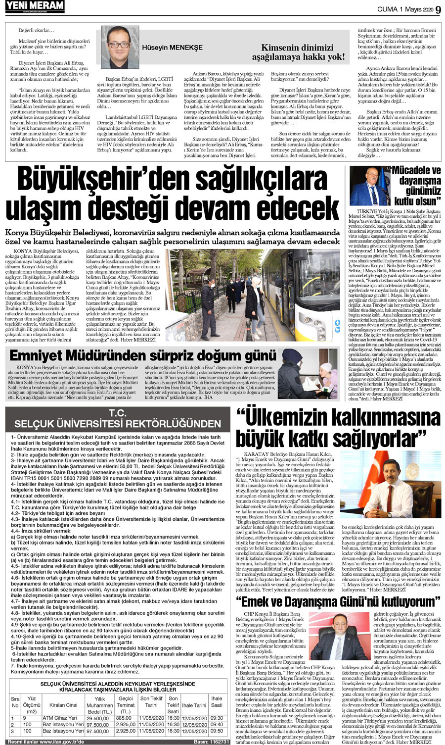 1 Mayıs 2020 Yeni Meram Gazetesi