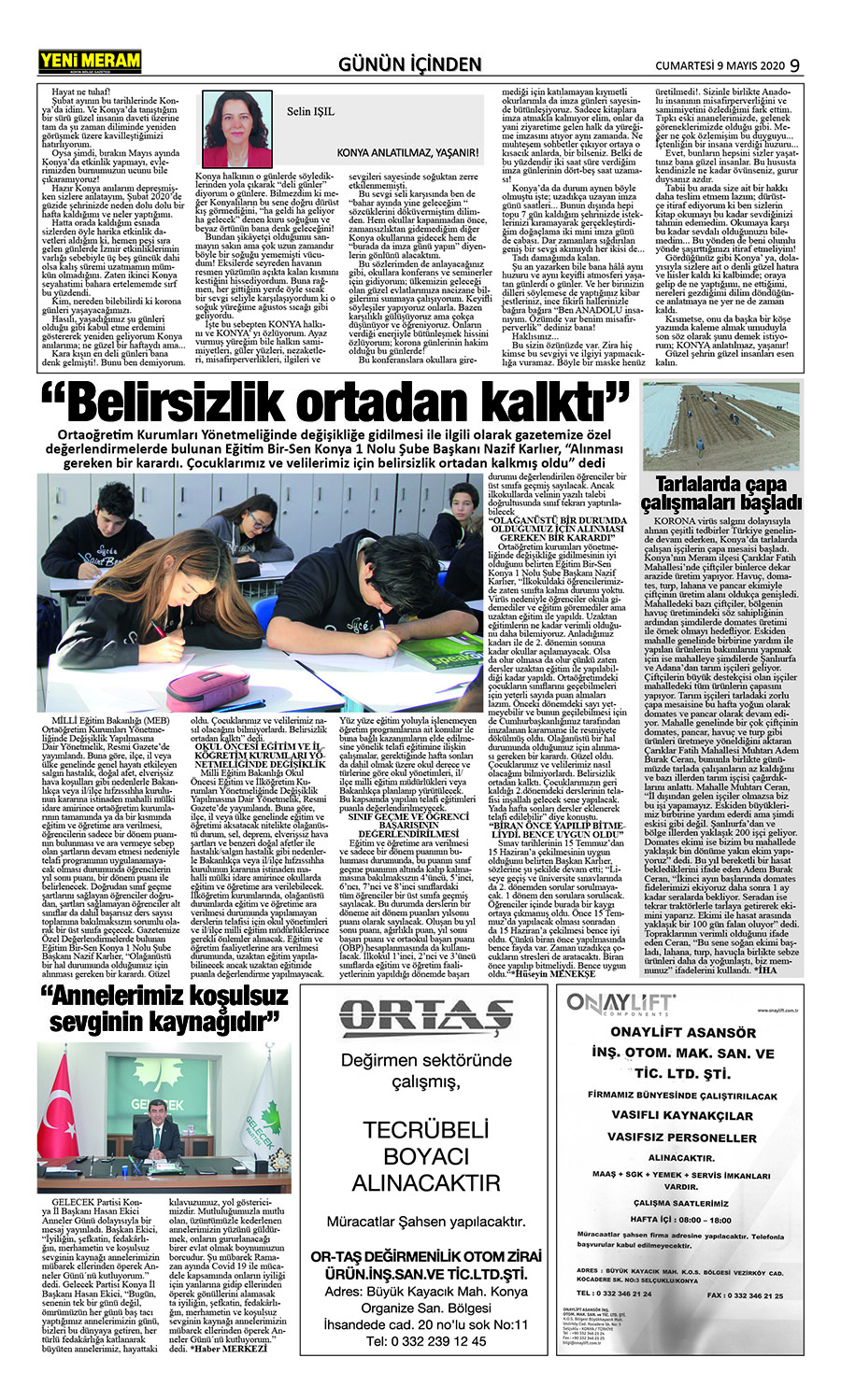 9 Mayıs 2020 Yeni Meram Gazetesi