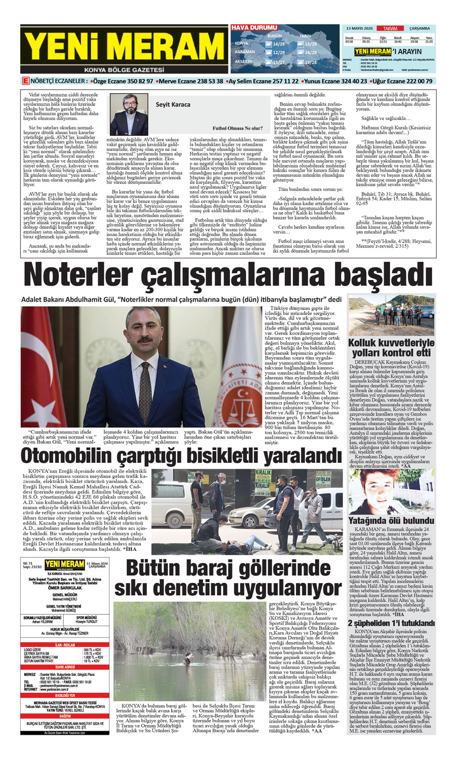 13 Mayıs 2020 Yeni Meram Gazetesi